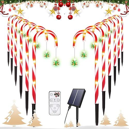 LACHARM Paquete de 12 decoraciones de Navidad al aire libre, 8 modos de luces solares de bastón de caramelo de Navidad con control remoto