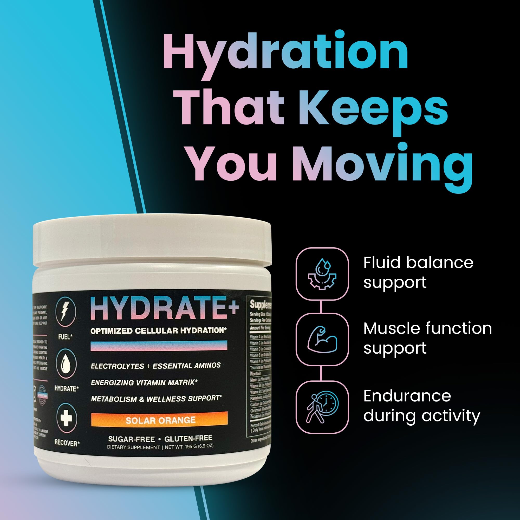 iAMINOS Hydrate + | Sugar-Free Electrolyte Hydration Powder for Athletes – Endurance & Muscle Hydration Support – Clean Daily Wellness Drink – Solar Orange, 30 Servings thumbnail 3