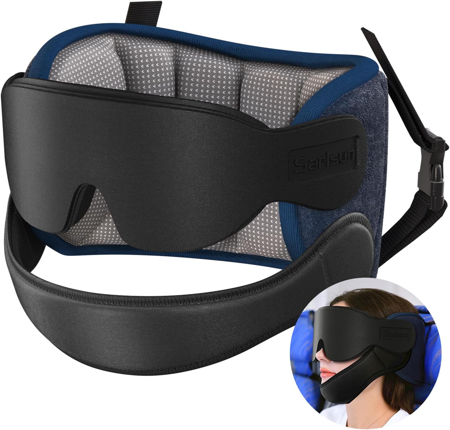 SARISUN Travel Pillows for Airplanes with Sleep Eye Mask, Chin Strap, Airplane Pillow for Long Flights, Car Road Trip, 360° Support Headrest, Stop Bobblehead Travel Essential, Mottled Grey