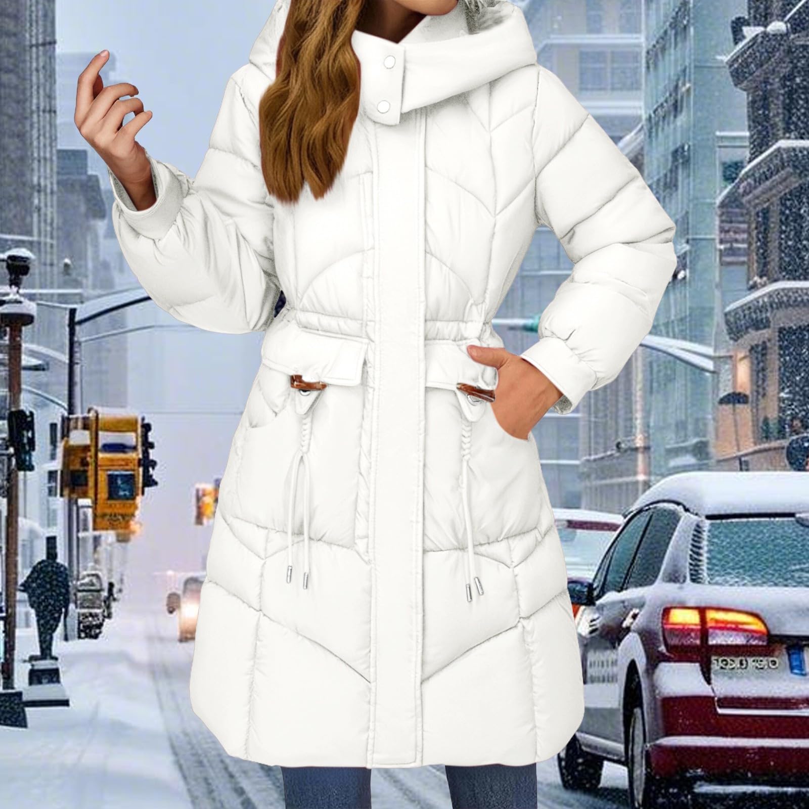 Piumino da donna invernale lungo – caldo cappotto trapuntato con cappuccio cappotto invernale ispessito, piumino antivento, parka invernale a maniche lunghe, per esterni