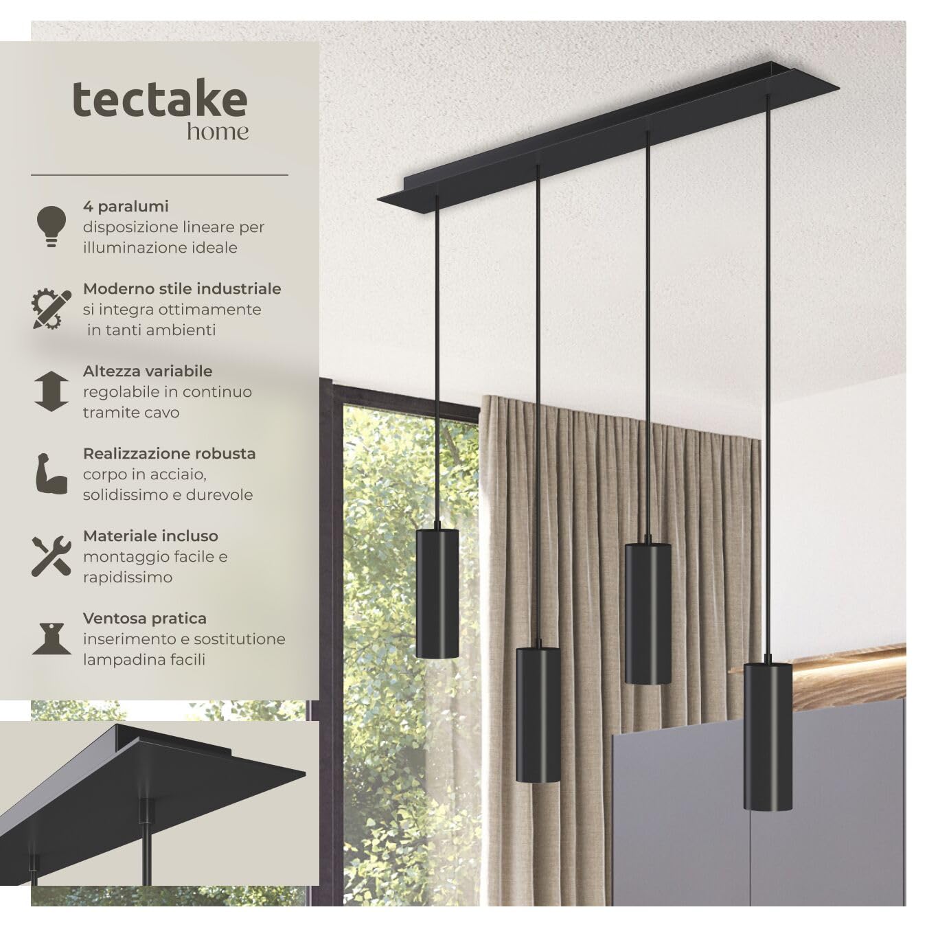 tectake® Lampadario Sospensione Industriale, Lampadario Soffitto 4 Fiamme, Paralumi in Acciaio, Lampada Sospensione Regolabile Moderna, Ideale per Soggiorno e Camera da Letto