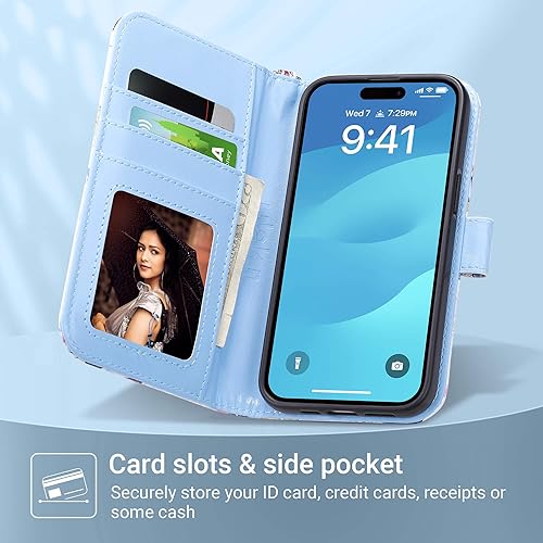Miniatura 2 de ULAK Funda de piel sintética de primera calidad con tarjetero y función atril para iPhone 15 de 6.1 pulgadas, diseño floral de piel sintética con