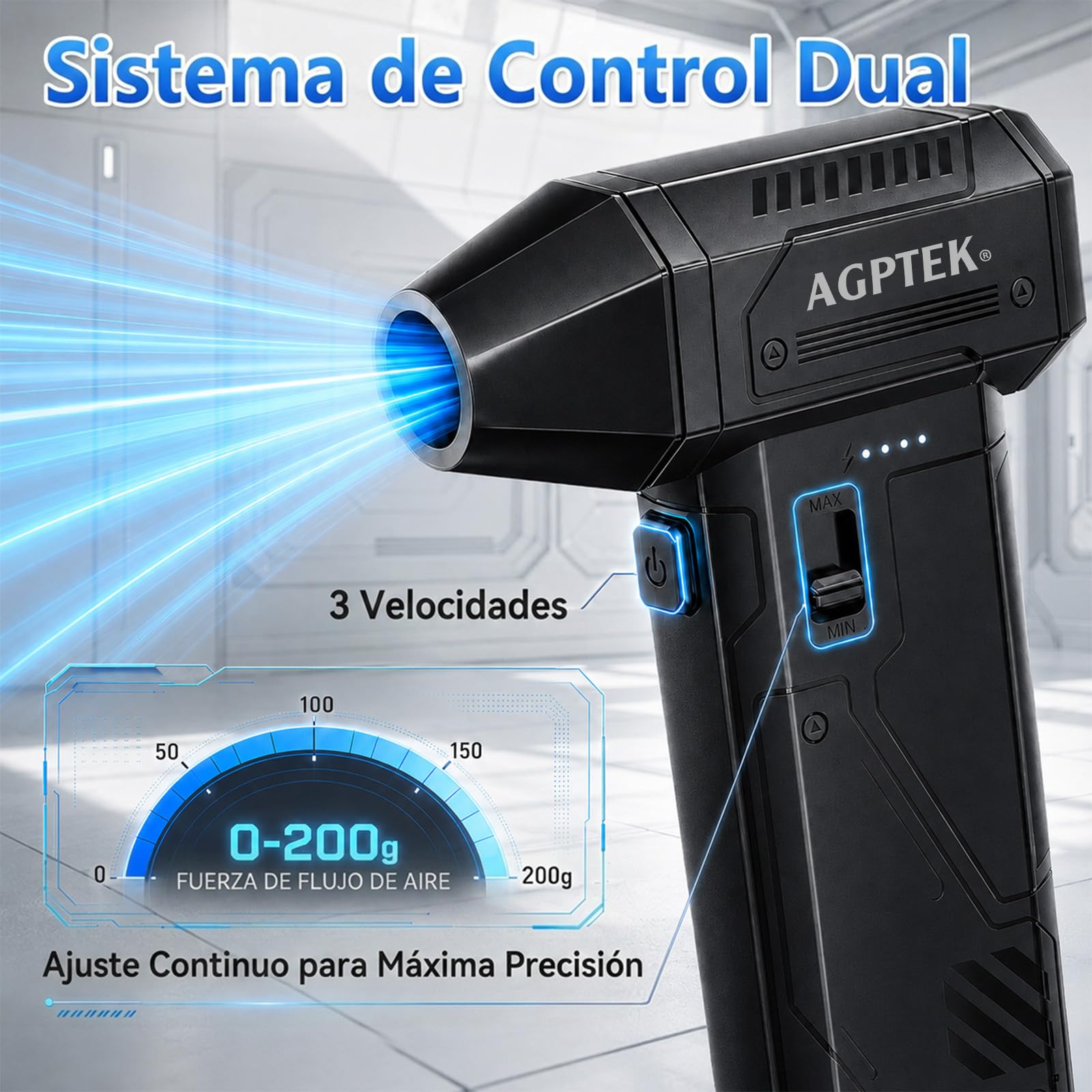AGPTEK Soplador de Aire Inalámbrico 260000 RPM, Motor sin Escobillas | 3 Velocidades Ajustables, para Limpiar Teclado, PC, Coche y Hogar, 8000 mAh Recargable con LED, Portátil, Potente y Eficiente
