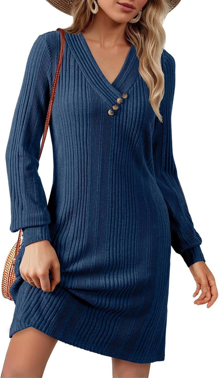 BLENCOT Womens Casual Knit Sweater Dress Long Sleeve V Neck Button Stretch Tunic Fall Knee Length Dresses Pockets - Image 4