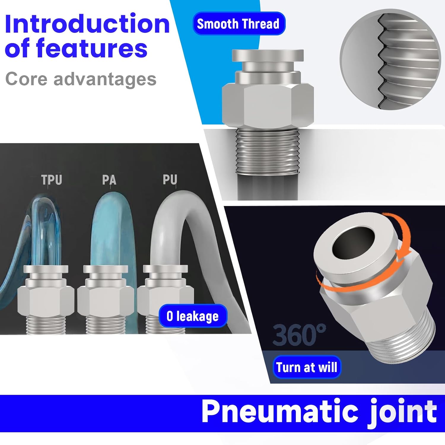 304 Stainless Steel 6Packs 3/8" OD Tube x 1/4" NPT Thread Straight Push to Connect Fittings,Pneumatic Male Quick Connect Air Line Hose Fittings Accessories