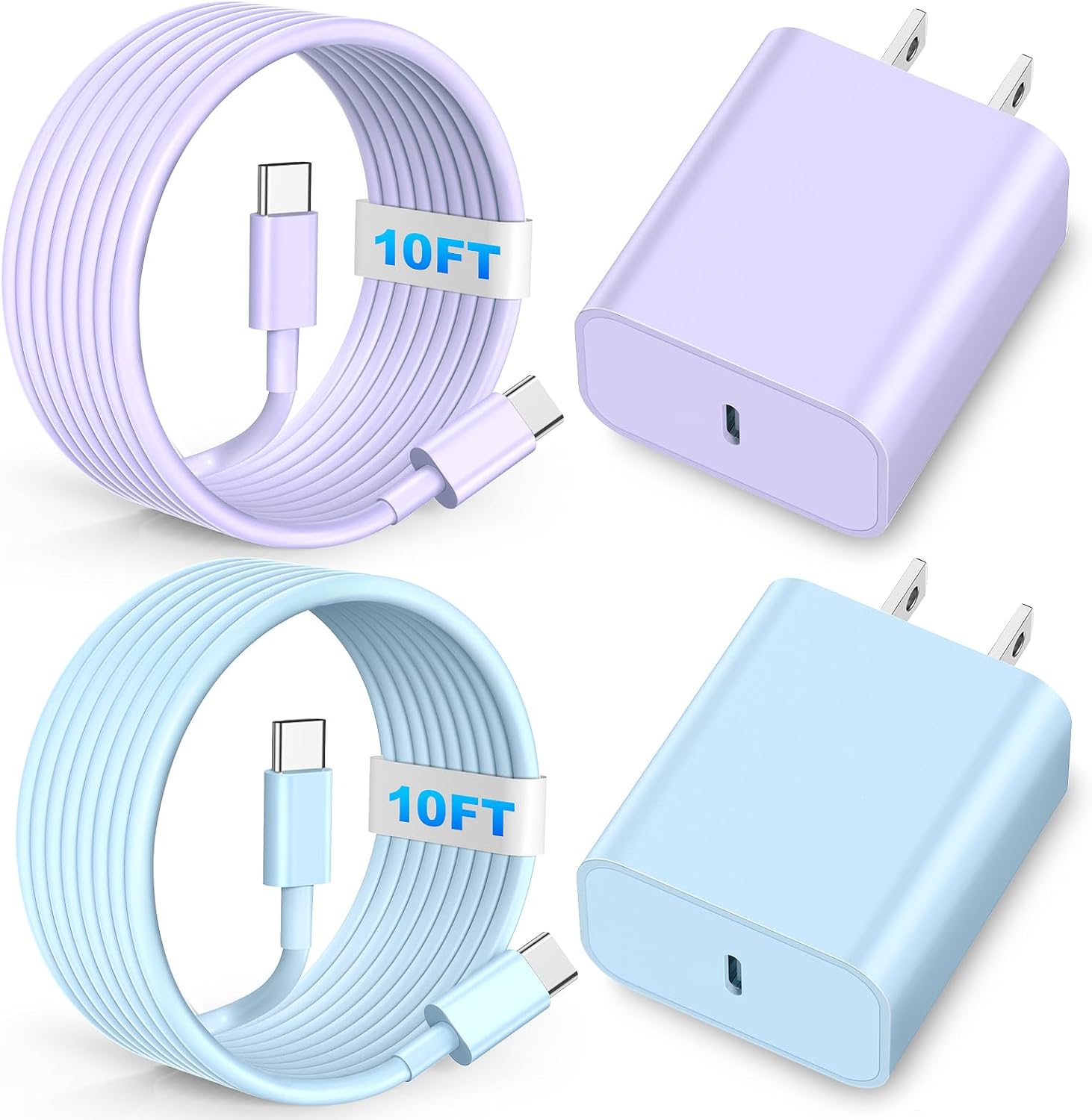 USB C Fast Charger, 2Pack 20W Type C Wall Charger Block and 60W 10FT i Phone Fast Charging Cord, Compatible with i Phone 15/16/17 Pro/Plus/Pro Max/ – Purple Blue
