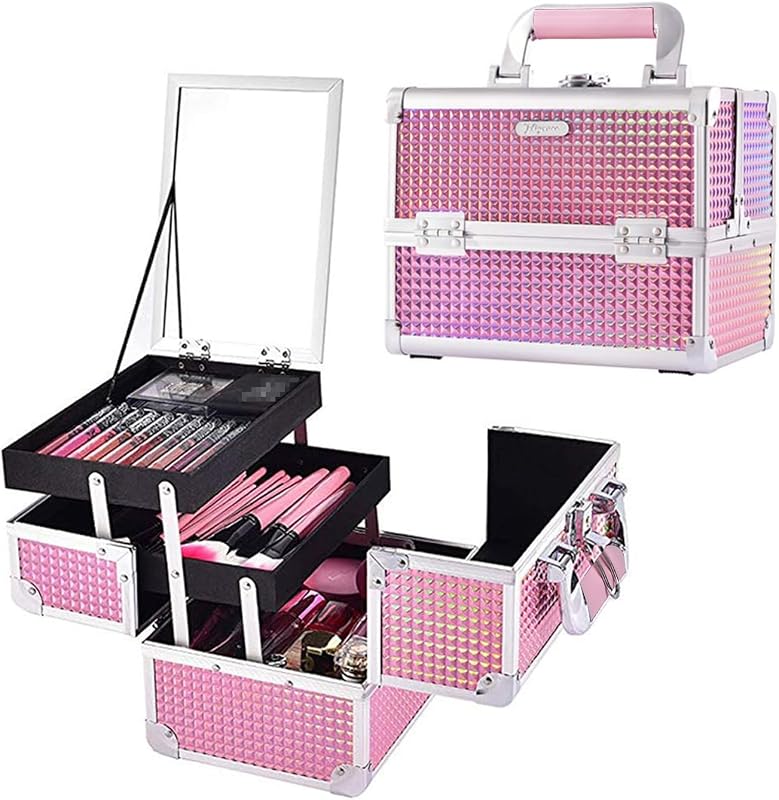 Joligrace Makeup Case Organizer Makeup Box Cosmetic Train Case with Mirror | Cosmetic Box Portable Makeup Box Organizer 2 Trays Makeup Storage with Locking for Makeup Artist Nail Tech Kits Mermaid Pink