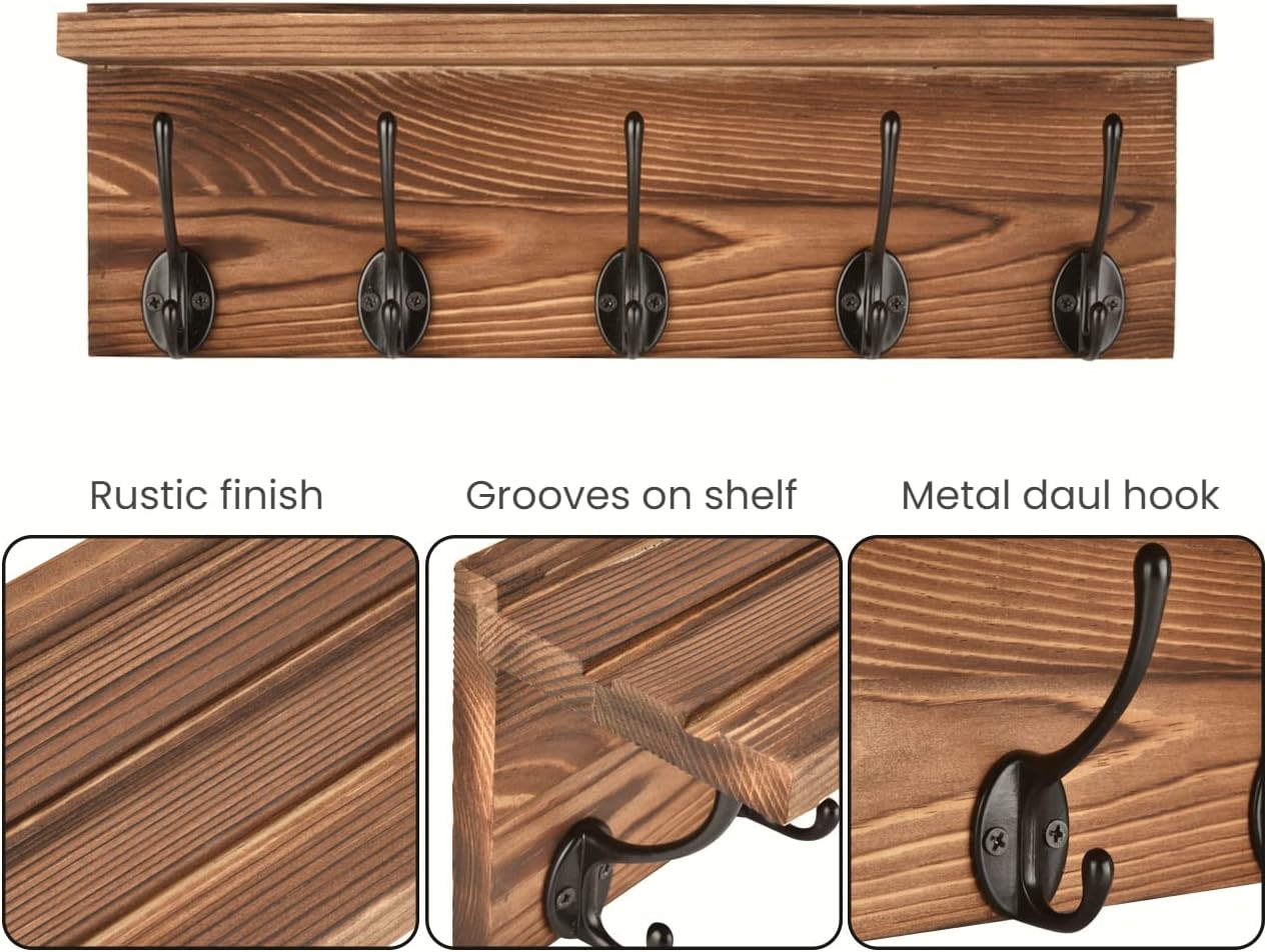 Homode Coat Rack with Shelf, Wall Mounted Entryway Shelf with Hooks, Rustic Wood Coat Hanger 5 Pegs for Hallway, Bathroom, Living Room, Bedroom, Dark Brown