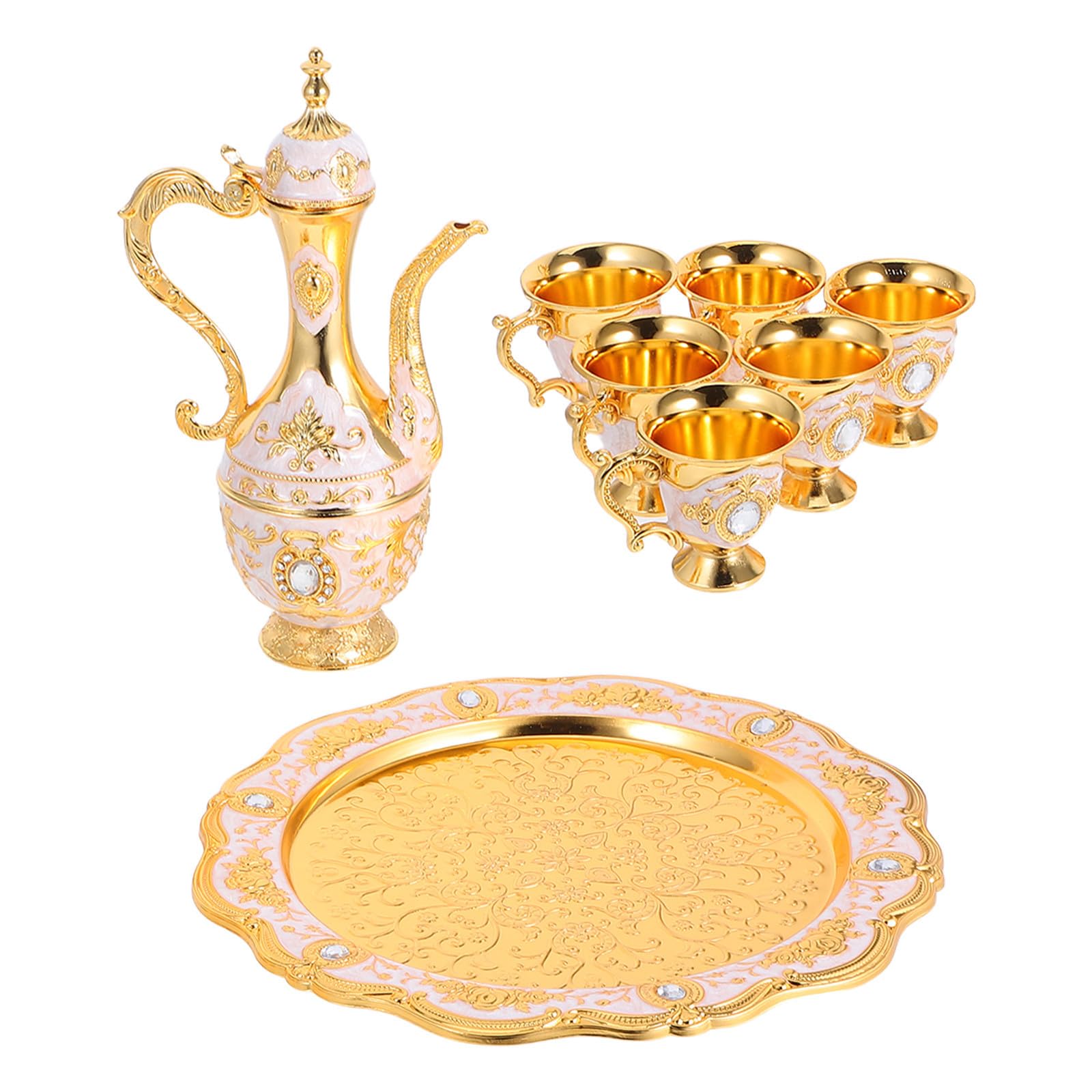KICHOUSE Ensemble de Verres à Shot Vintage en Alliage de Zinc 250ml et 30ml avec Plateau Doré, Gobelets à Boire en Relief pour Mariage ou Tea Party Élégant