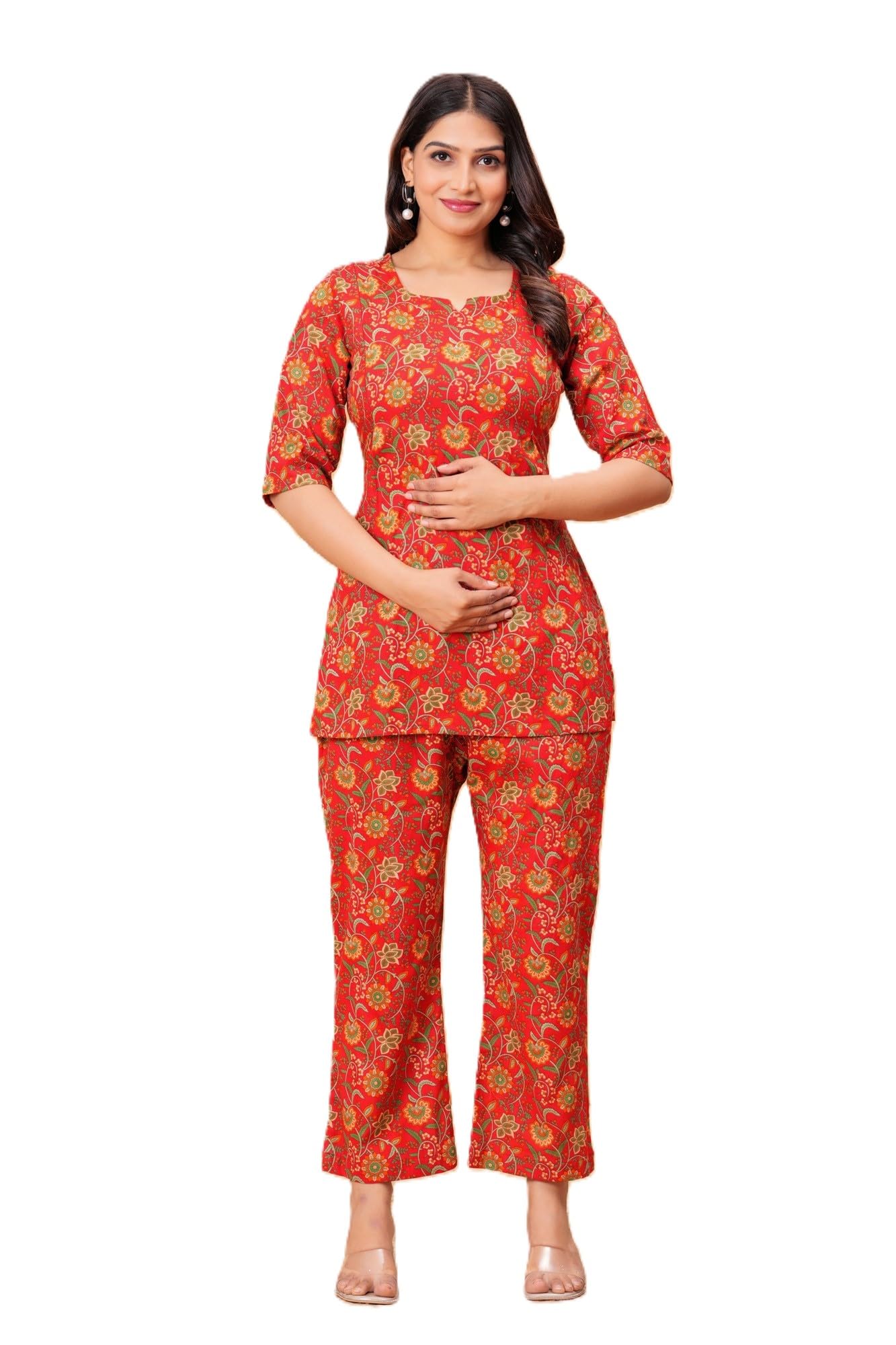 Anuom Women's Cotton Printed Matetnity Kurta Pants Set | Feeding Pyjama Set for Women| Printed Comfortable Feeding Top Pants Set-image-8