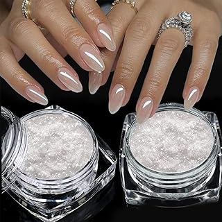 2Pcs Moonlight White Chrome Nail Powder, Aurora Pearl Chrome Nail Powder Magic Clear Pearlescent Mirror Effect Holographic Nail Glitter White Shimmer Sugar Pigment Dust for Nails Art Design 1g/Jar