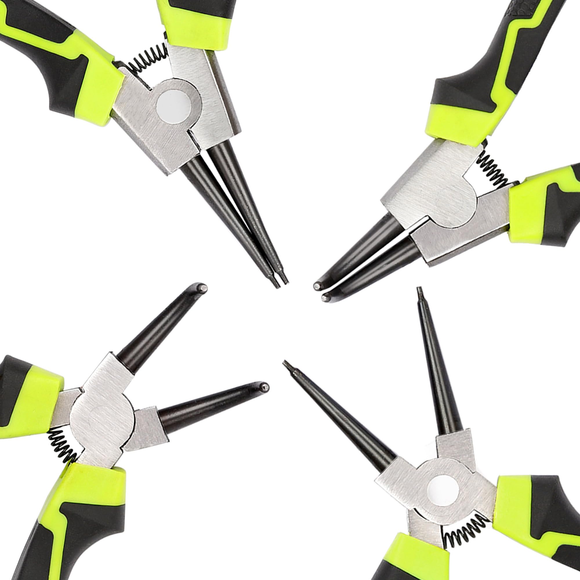 FASTPRO Juego de 4 alicates de anillo a presión de 7 pulgadas, kit de alicates internos y externos con mandíbula recta/doblada, resistente para retención de anillos