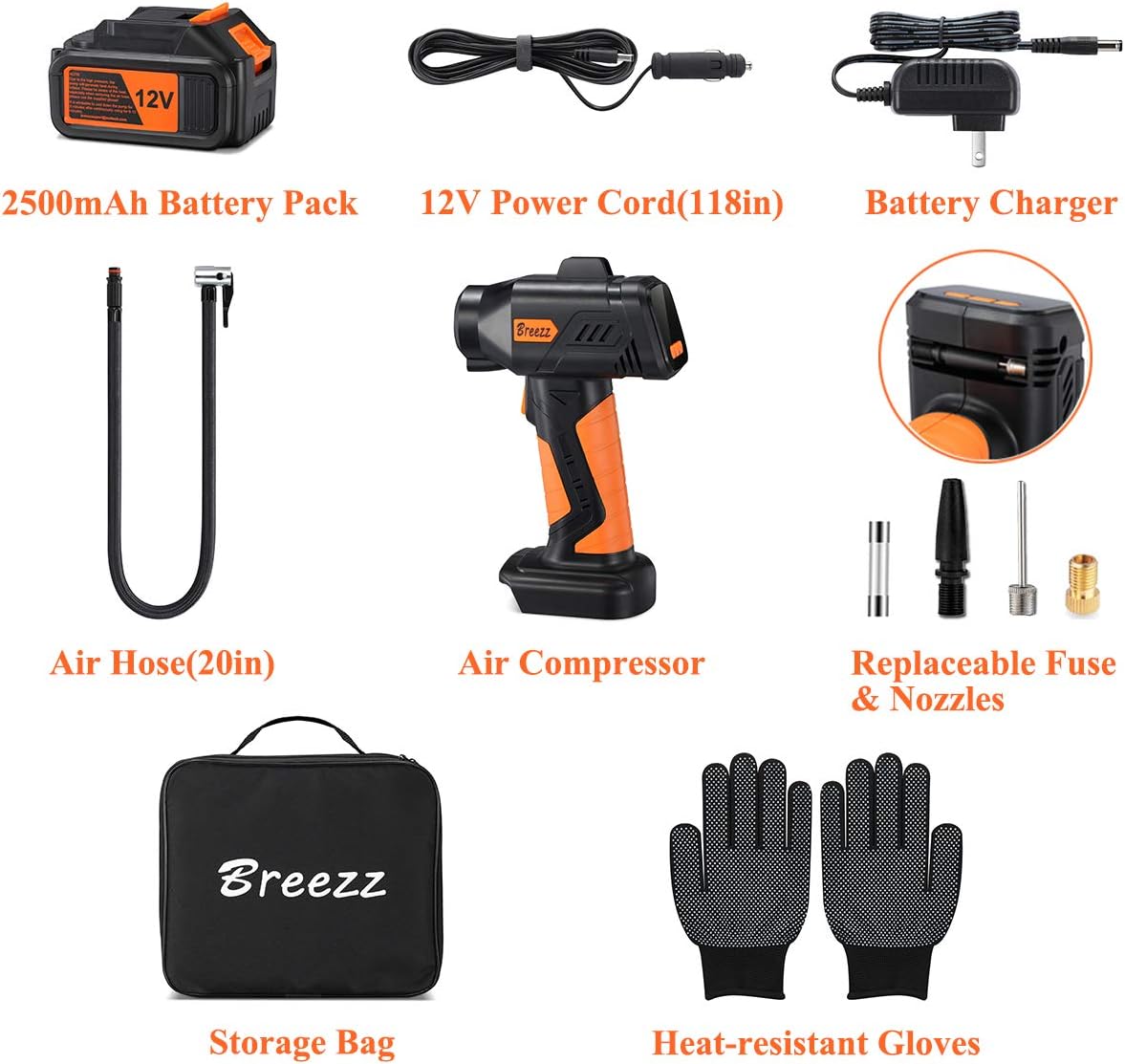Breezz Tire Inflator Air Compressor, Portable Cordless Air Pump with Digital Pressure Gauge Including 2500mAh Rechargeable Li-ion Battery and 12V Car Power Cord, orange (X1202)