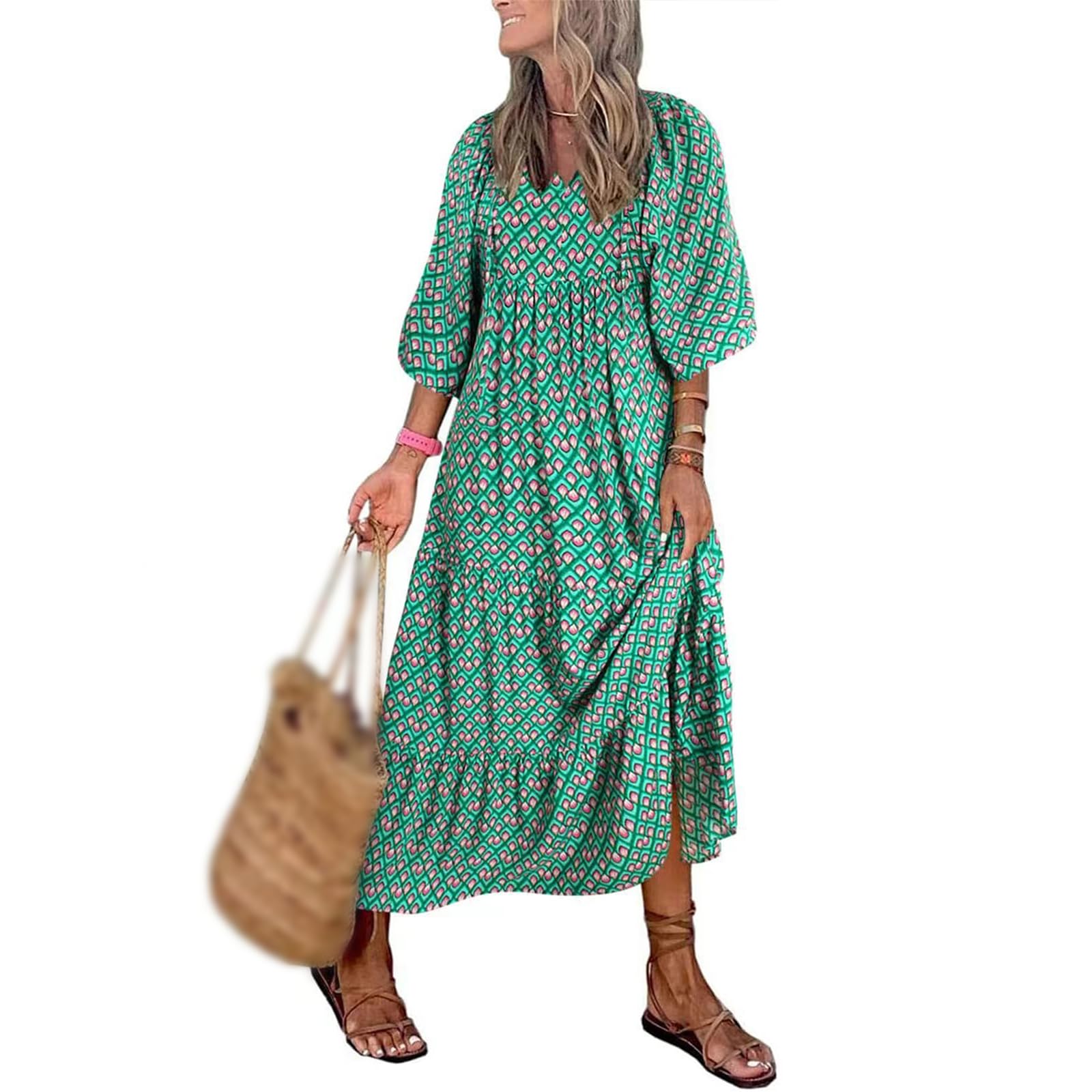 KVOTUU Boho Dresses for Women Plus Size Summer V Neck Maxi Dress Loose Fit Casual Bohemian Geometric Pattern Long Dresses
