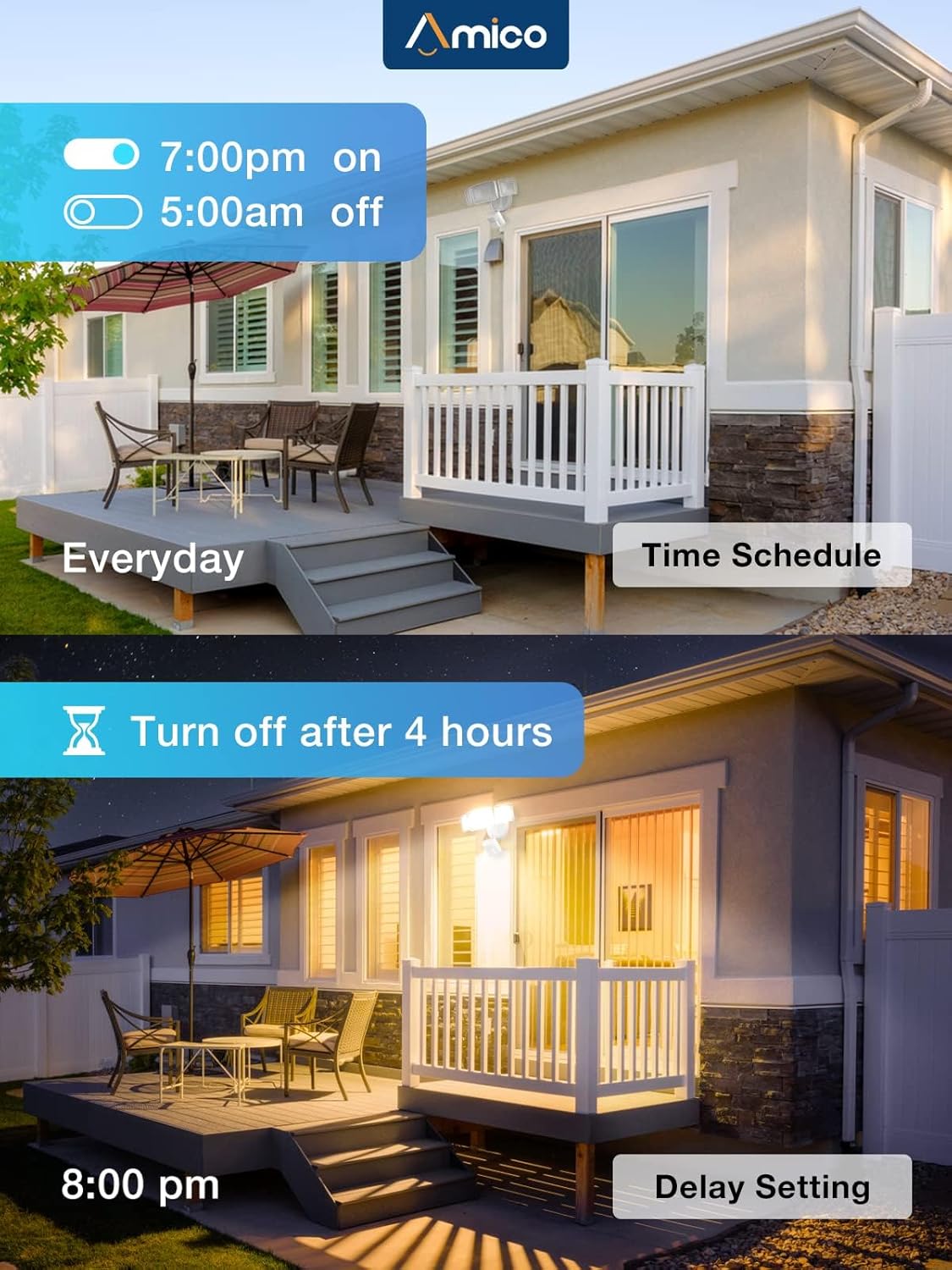 Image showing the motion sensor activating the light for a person on a bicycle, with event records displayed on a phone screen.