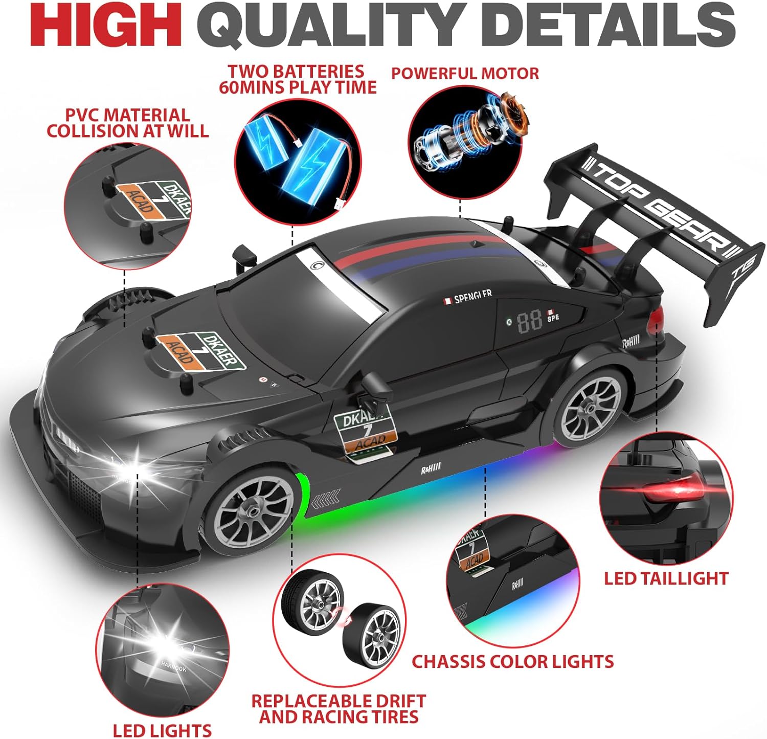 RC Drift Car 1:16, 2.4GHz 4WD Remote Control Car, 30+KM/H High Speed Drifting RC Cars with LED Lights Two Batteries and Drift Tires Racing Cars for Adults Boys Kids, Black