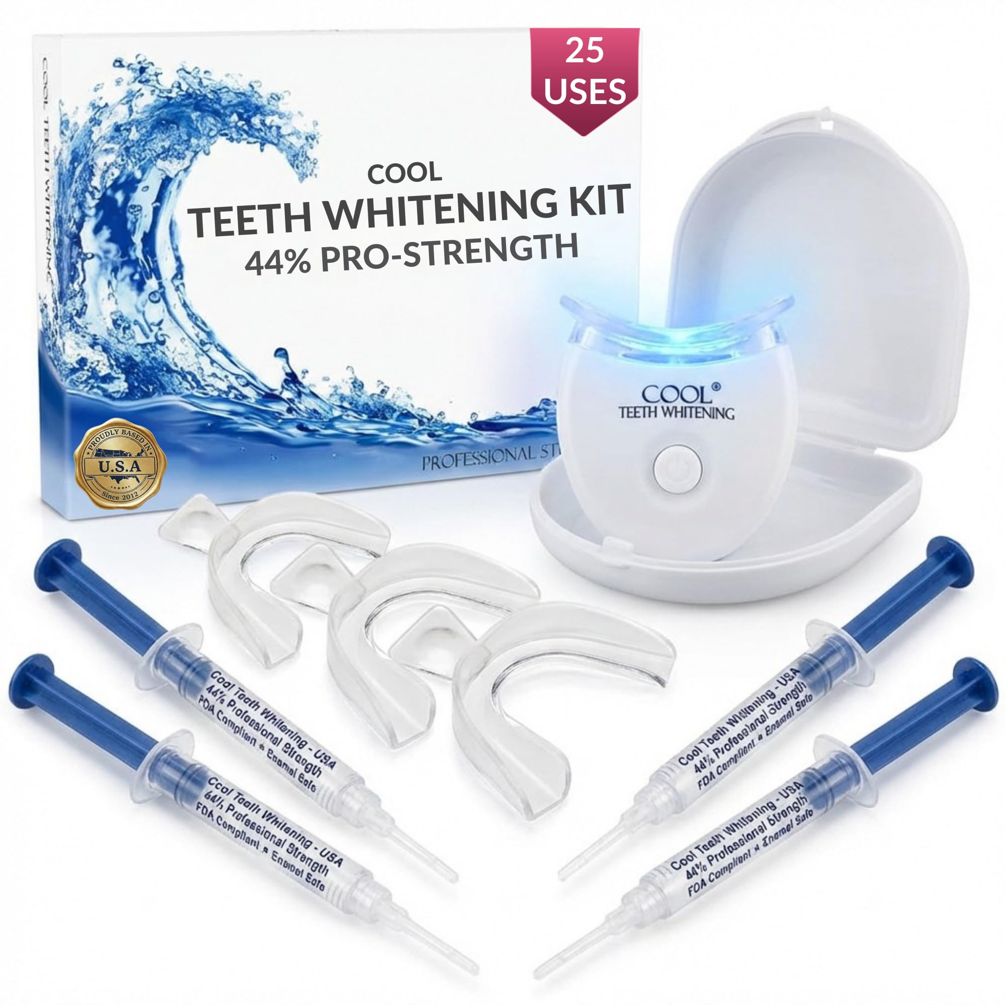 Teeth Whitening Gel Kit Up to 25 At-Home Whitening Uses 44% Carbamide Peroxide Pro Strength Vegan Formula, Trays, LED Light & Travel Case Included, Remove Tooth Stains