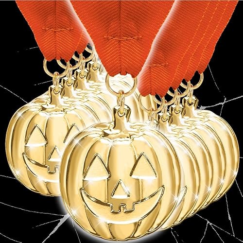 Halloween Pumpkin Gold Medals with Orange Ribbon Value Pack, Halloween Medal Awards & Trophy Medals