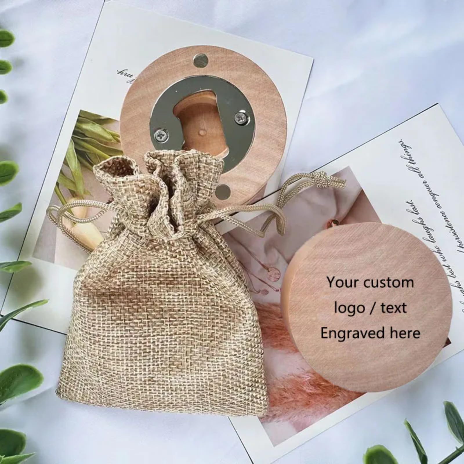 Abridor de botellas personalizado, recuerdos de boda, grabado personalizado, imán de madera para nevera, abrebotellas redondo para bodas, invitados, compromisos, cumpleaños, bautizos de bebé (100