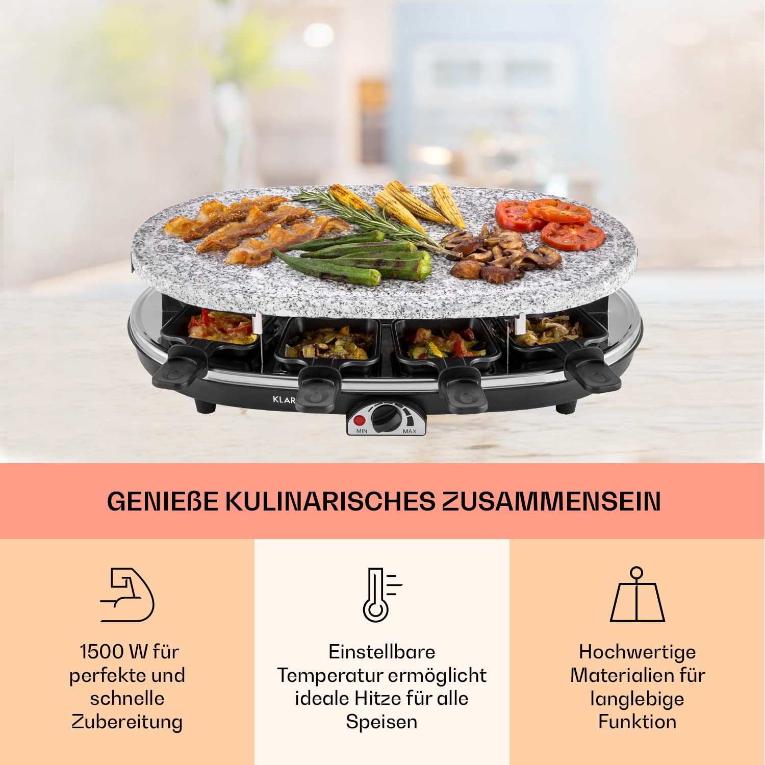 Klarstein Raclette-Tischgrill für 8 Personen mit Steinplatte, Großer , 1500W -Grill, Gerät mit 8 Pfännchen, -Ofen Groß für Käse & Fleisch für 4-8 Personen