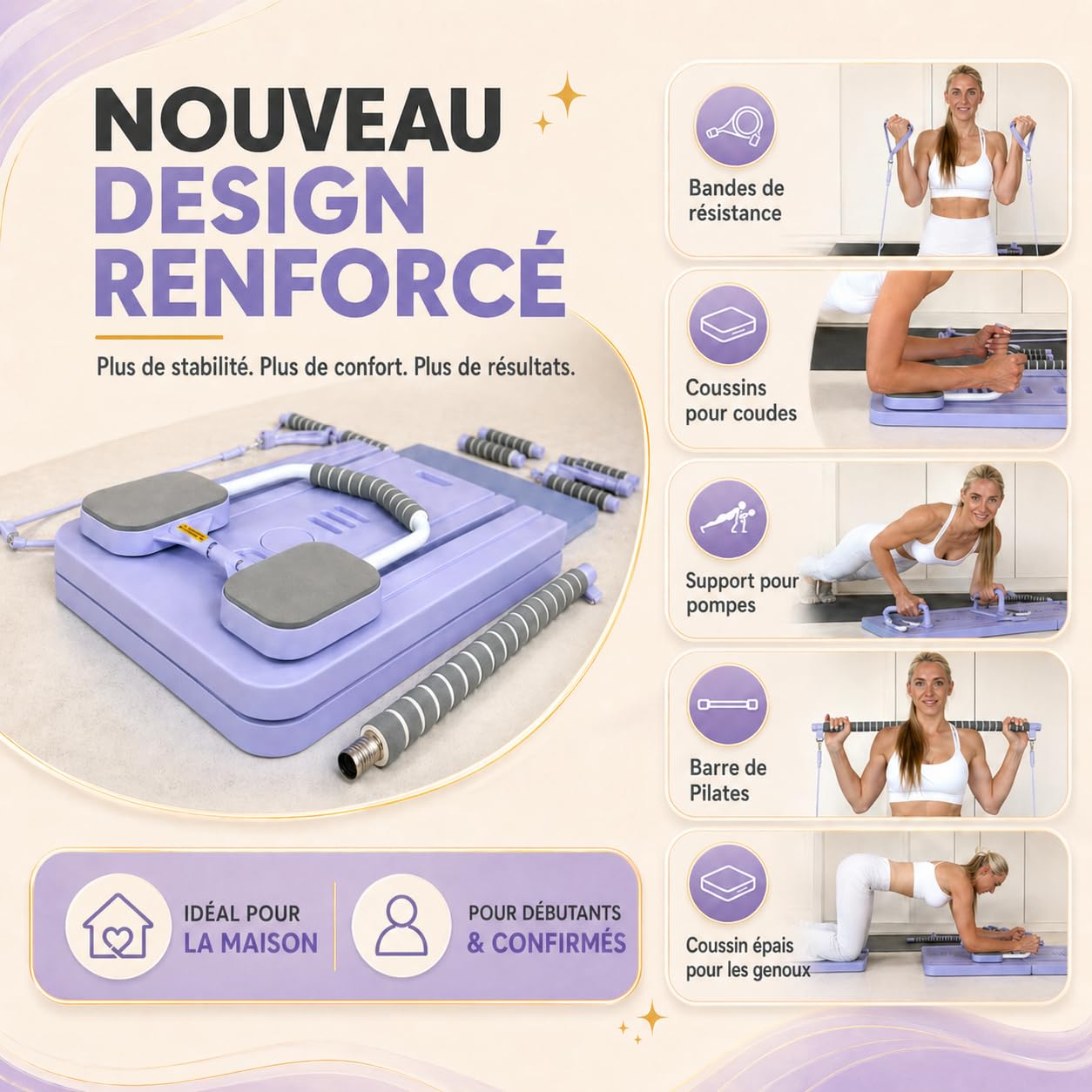Yosana Planche de Pilates I Reformer pour la maison I Planche de fitness 8 en 1 pliable et portable I Entraîneur abdominal avec coussin pour genoux, bandes de résistance et barre de Pilates I Design