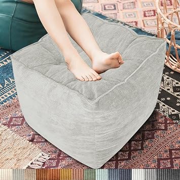 Tufted Ottoman Footstool - 15.7x15.7x9.8in Bean Bag Pouf Ottoman for Couch Living Room - Soft & Comfortable - PP Cotton & Sponge Mixed Filling - for Bedroom Home Decor Makeup Room - Light Gray