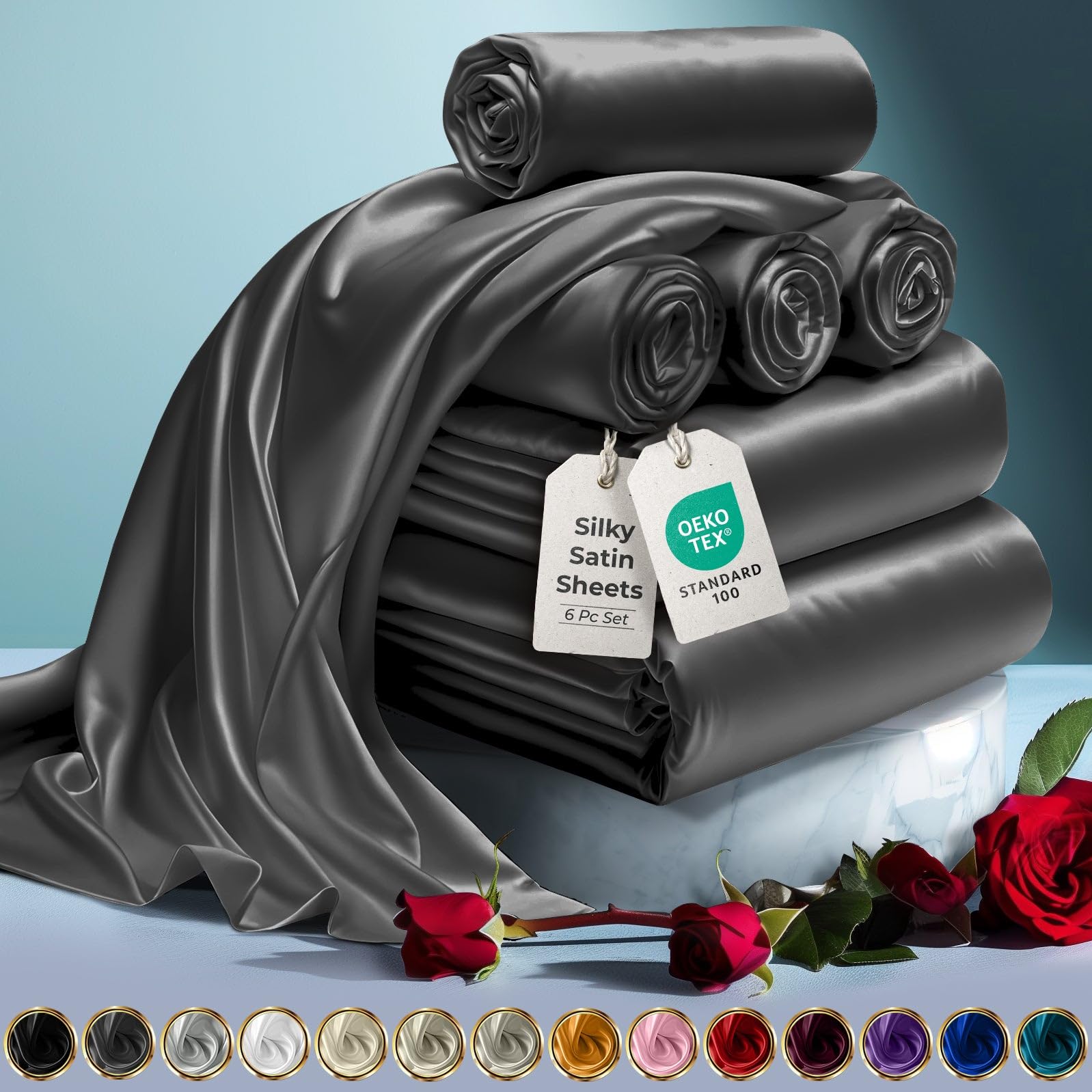 DECOLURE Satin Bed Sheets - 6 Piece Luxury Silky King Size Bedding Set - Softer Than Silk, Wrinkle-Free with 15” Deep Pocket Fitted Sheet, Perfect for