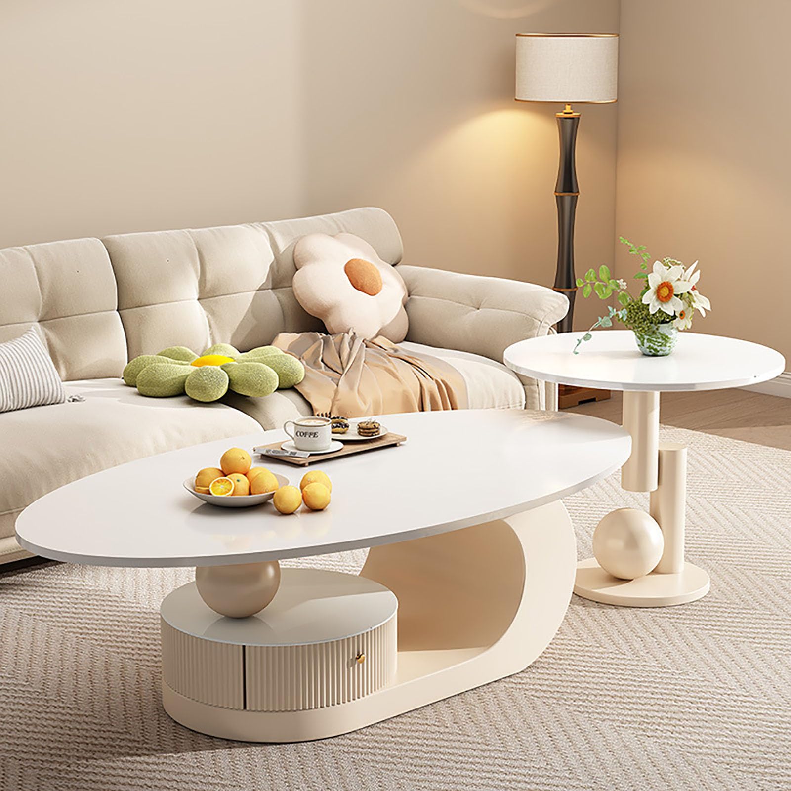 SXZenSpace Modern Oval Marble Coffee Table,47.2" Luxury Table with Storage Drawer And Shelf Metal Center for Living Room Office,A,Combination