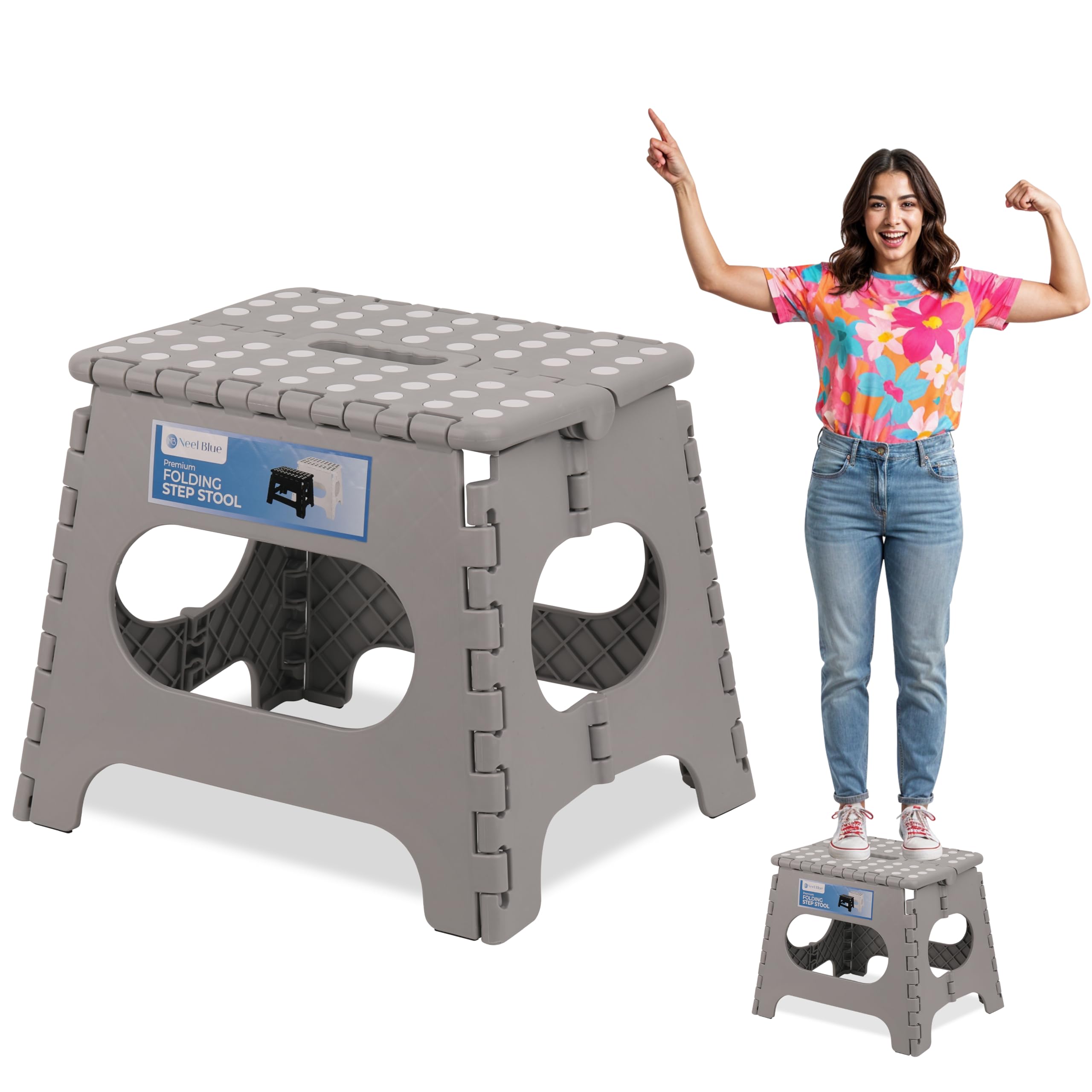 Light Grey, 11inch Foldable Step Stool for Adults & Children, Heavy Duty Plastic Compact, Collapsible Stool for Home Bathroom