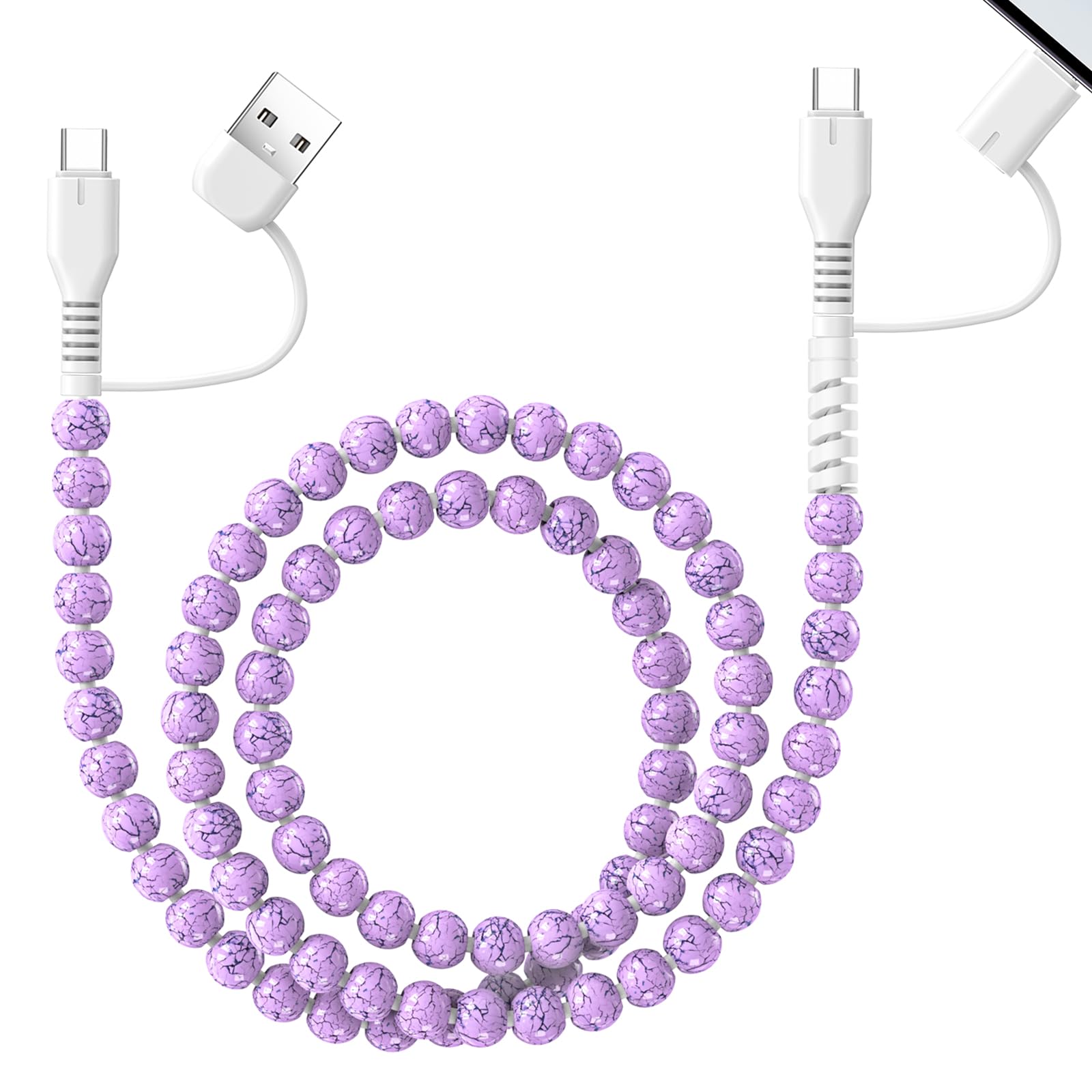 HianDier Cavo USB C [certificato MFI] Multi 4 in 1 per iPhone cavo di ricarica rapida 0,9 m durevole turchese perline USB A tipo C iOS cavo di ricarica per iPhone 16 15 14 13 Pro Max iPad Galaxy S25