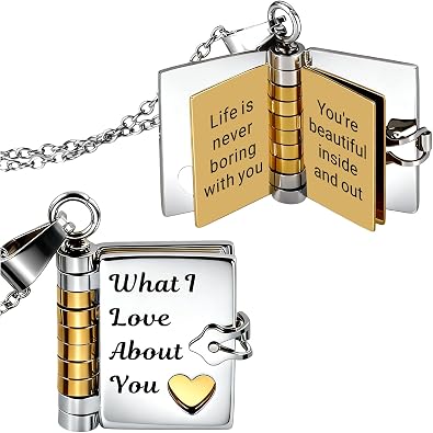 TI-EDC What I Love About You Book Necklace - Sweetest Day Romantic Valentines Day Gift for Girlfriend Wife from Boyfriend Husband, Adjustable Jewelry Openable with 6 Pages