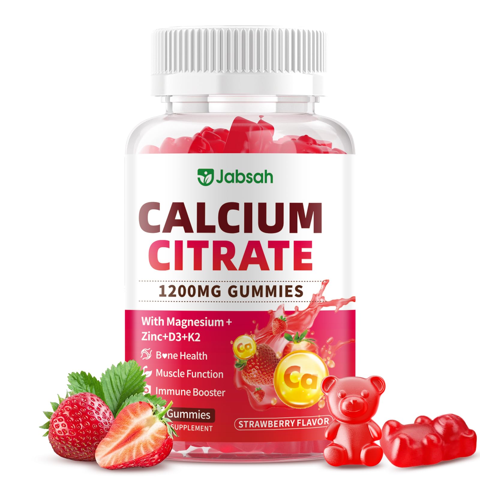 Calcium Citrate Gummies 1200mg, High Absorption Calcium Supplements with Vitamin D3, K2, Magnesium, Zinc for Bone, Muscle & Immune Support, Calcium Gummies for Women & Men, Strawberry Flavor 60 Count 60 Count (Pack of 1)