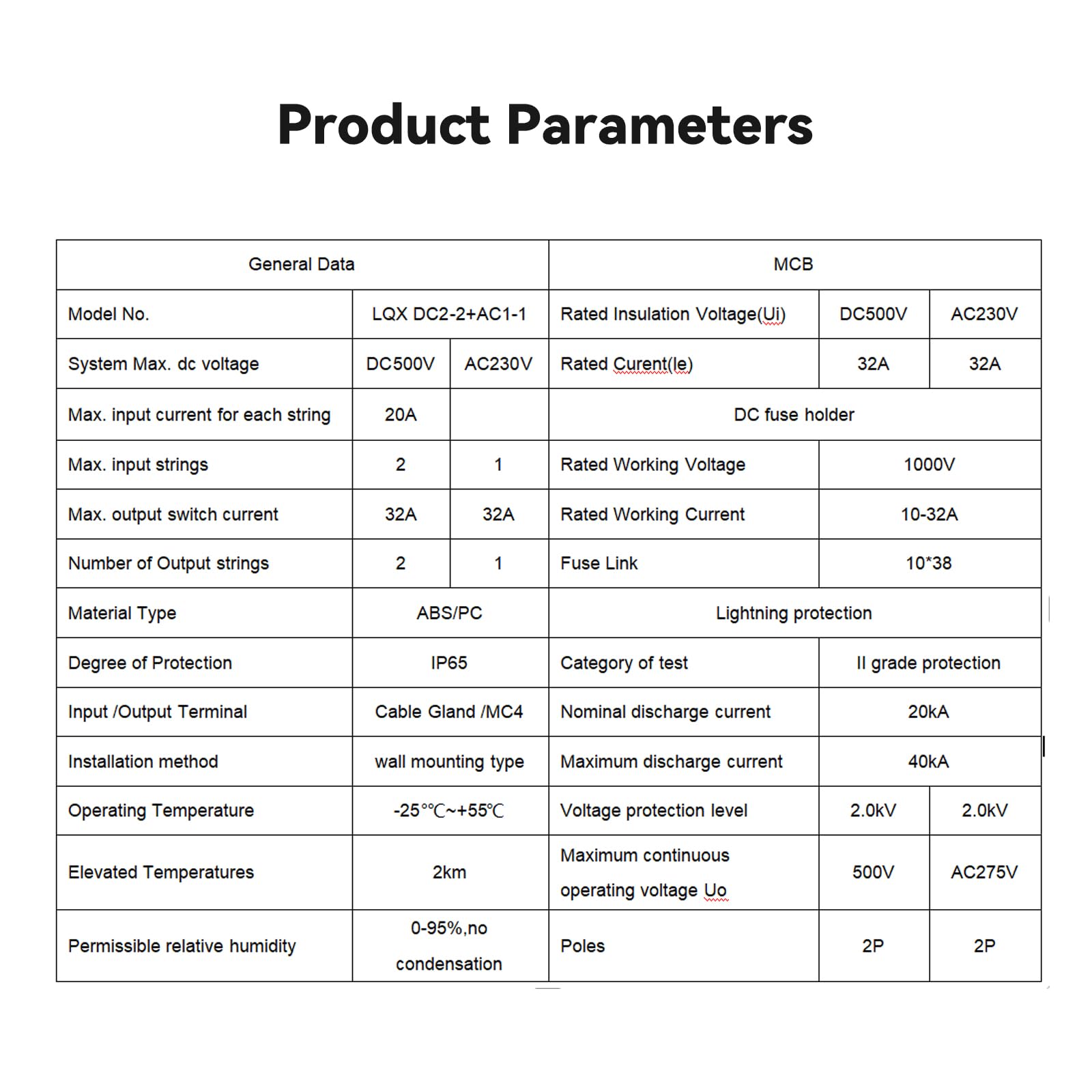 Protezione da sovratensione in PVC, DC500V2-2-2+AC230V1-1, scatola di collegamento solare, protezione flash, interruttore di separazione CC, impianto PV, 2 corde 2DC+1AC, DC Combiner Box, interruttore
