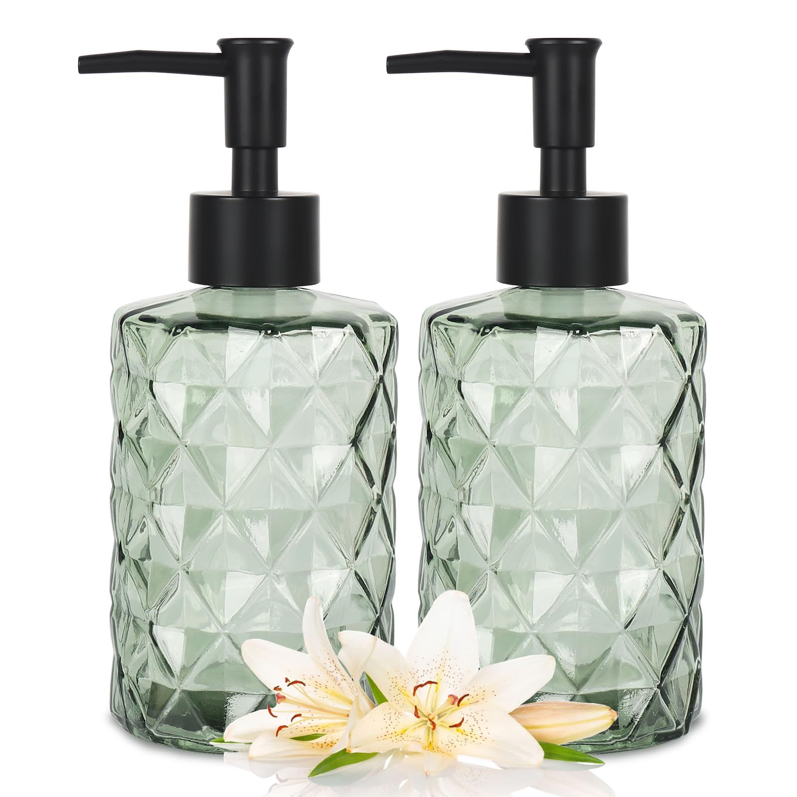 Clear Green Glass Soap Dispenser with Pump, 12oz Diamond Design Hand Soap Dispenser, Refillable Lotion Dispenser & Dish Soap Dispenser, Bathroom Soap Dispenser for Dishwashing Liquid, Shower Gel