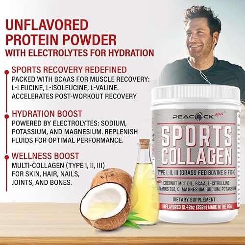 Miniatura 2 de Peacock Max Sports Collagen Protein Powder Tipos I, II, III Vitamina C, B12 Magnesio Electrolitos Hidratación Cloruro de Sodio y Citrato de Potasio