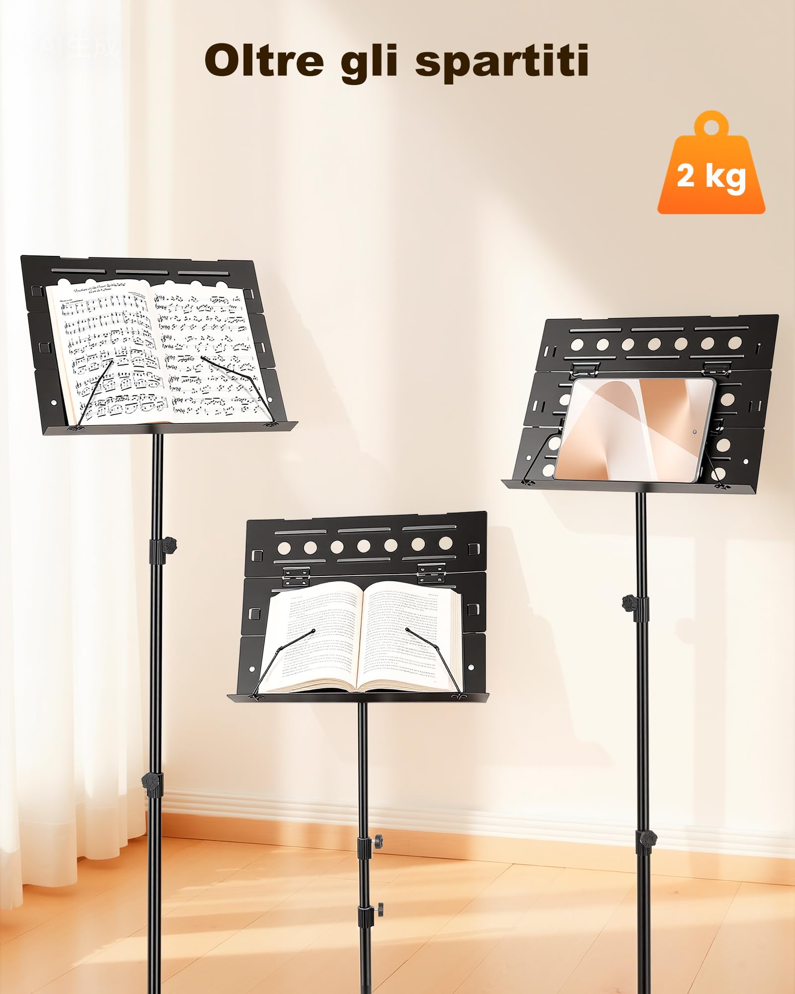 New Bee Leggio Musicale Pieghevol 2 in 1 Altezza Regolabile | Leggio Musicale da Terra con Borsa di Trasporto Portatile Spartiti per Esibizioni di Banda Orchestra e Esercizi a Casa, Nero