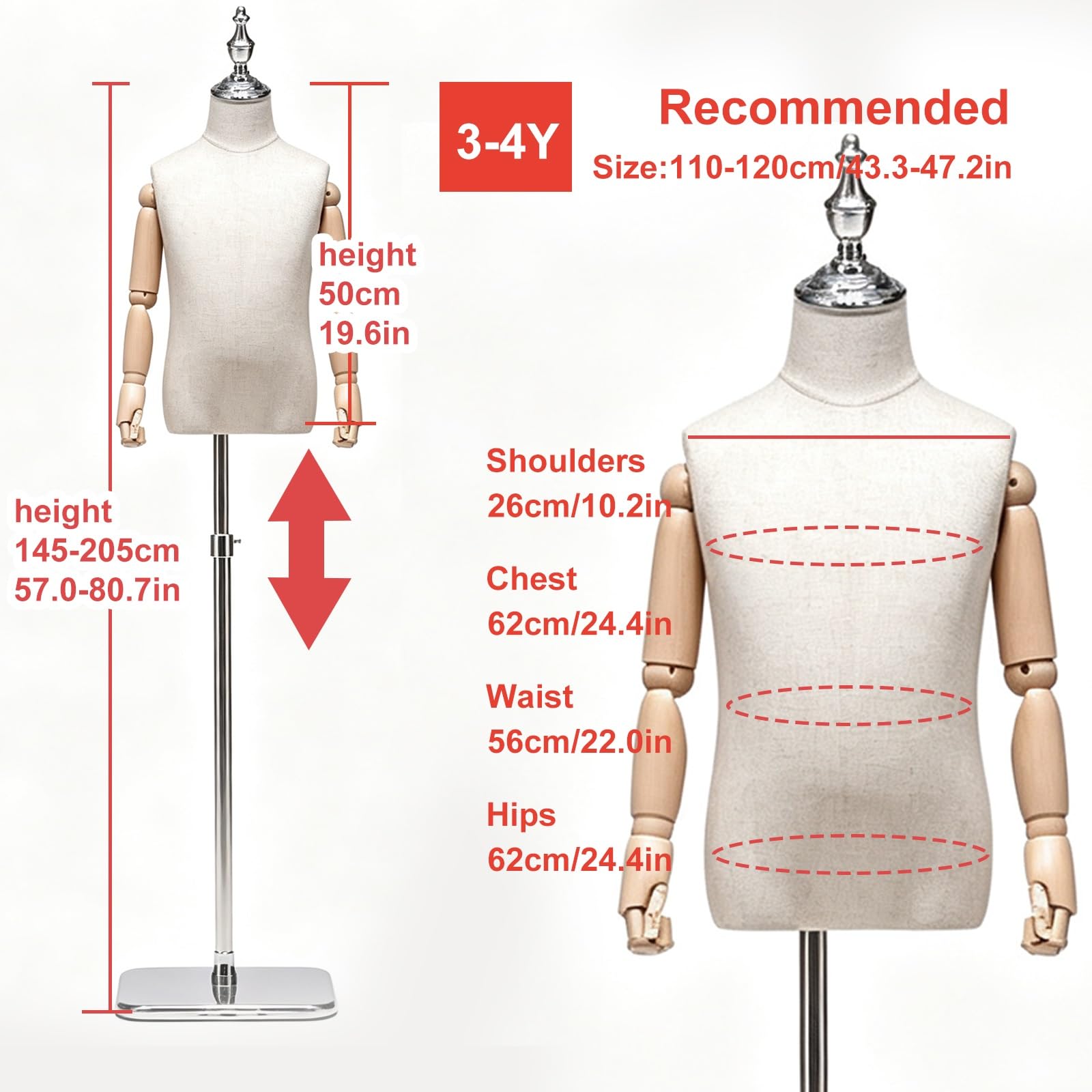 Manichino Bambino Torso con Bracci Legno, Manichino Sartoriale Esposizione | Manichino da Cucito Bambino Lino Spillabile, Metallico Altezza Regolabile Base Cucito & Esposizione(3-4 Years)