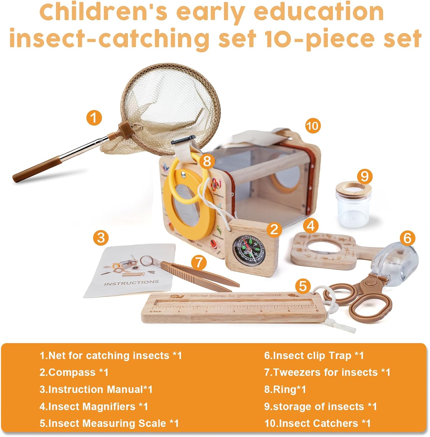 Bug Catcher Kit for Kids, 10 PCS Outdoor Explorer Set with Insect Cage, Butterfly Net, Magnifying Glass, Compass & ID Cards, STEM Nature Exploration Toys for Boys Girls, Backyard Adventure Gift
