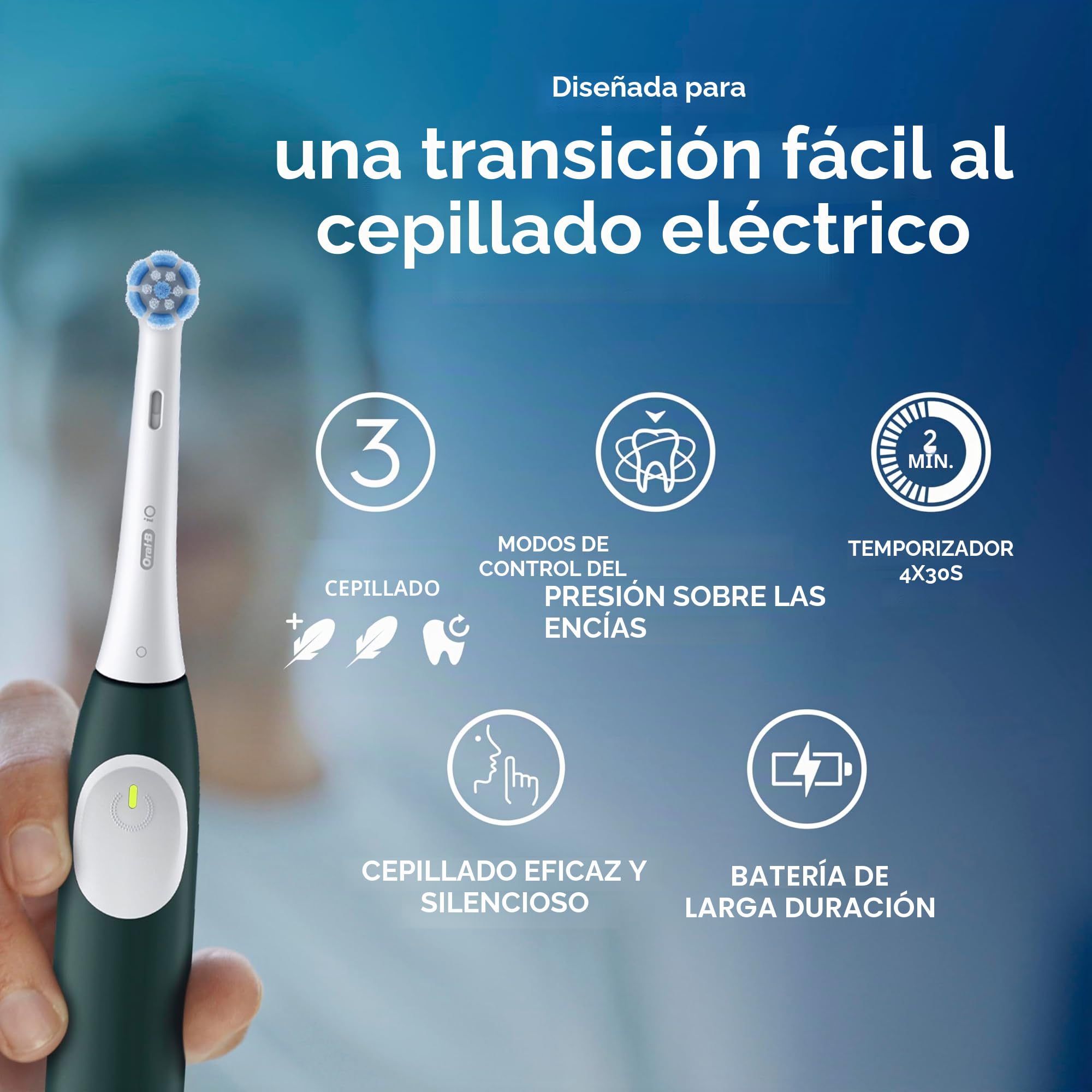 Oral-B iO2 - Cepillo de dientes (color verde bosque), | 3 modos de cepillado, incluyendo suavidad, sensor de presión de las encías, batería recargable, silencioso