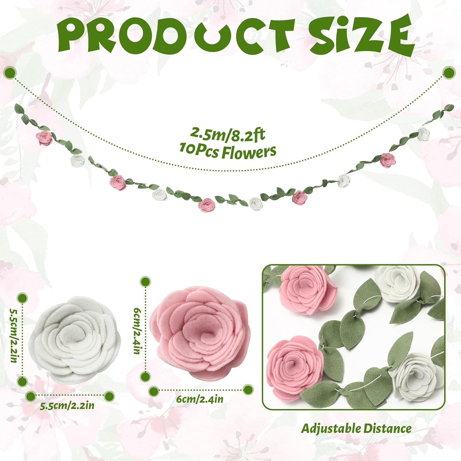 FYSUIMU Spring Flower Felt Garland Banner Roses Floral Hanging Garland 2 Sizes Pink White Flower Garden Party Banners for Birthday Wedding Baby Shower Home Decorations