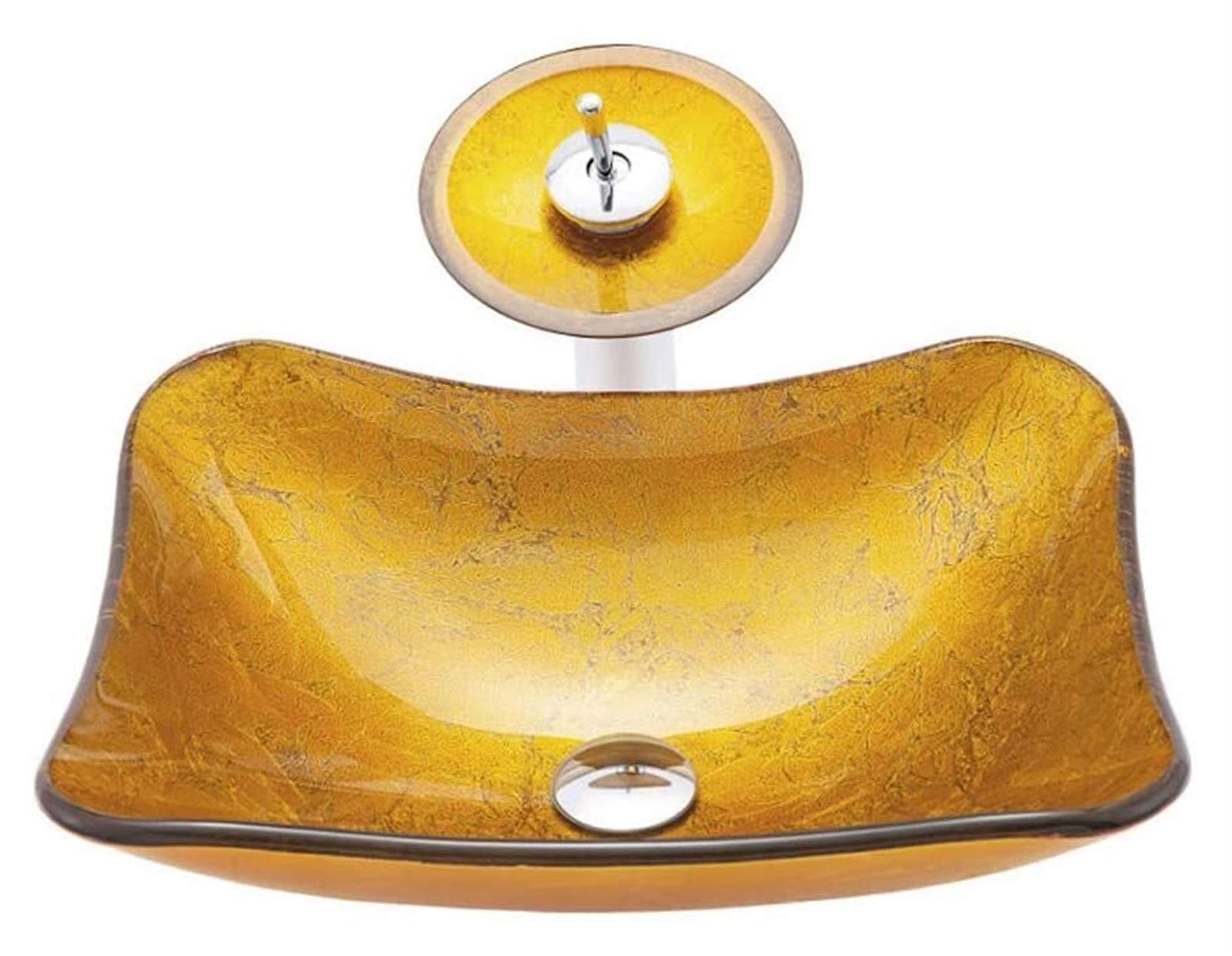 SBCGFY Vessel Sinks, Bathroom Vessel Sink Luxury Hotel Art Sink Golden Rectangle Vessel Sink Tempered Glass Above Counter Bathroom Lavatory Bowl Wrinkled Foil Artistic Wash Basin Combo