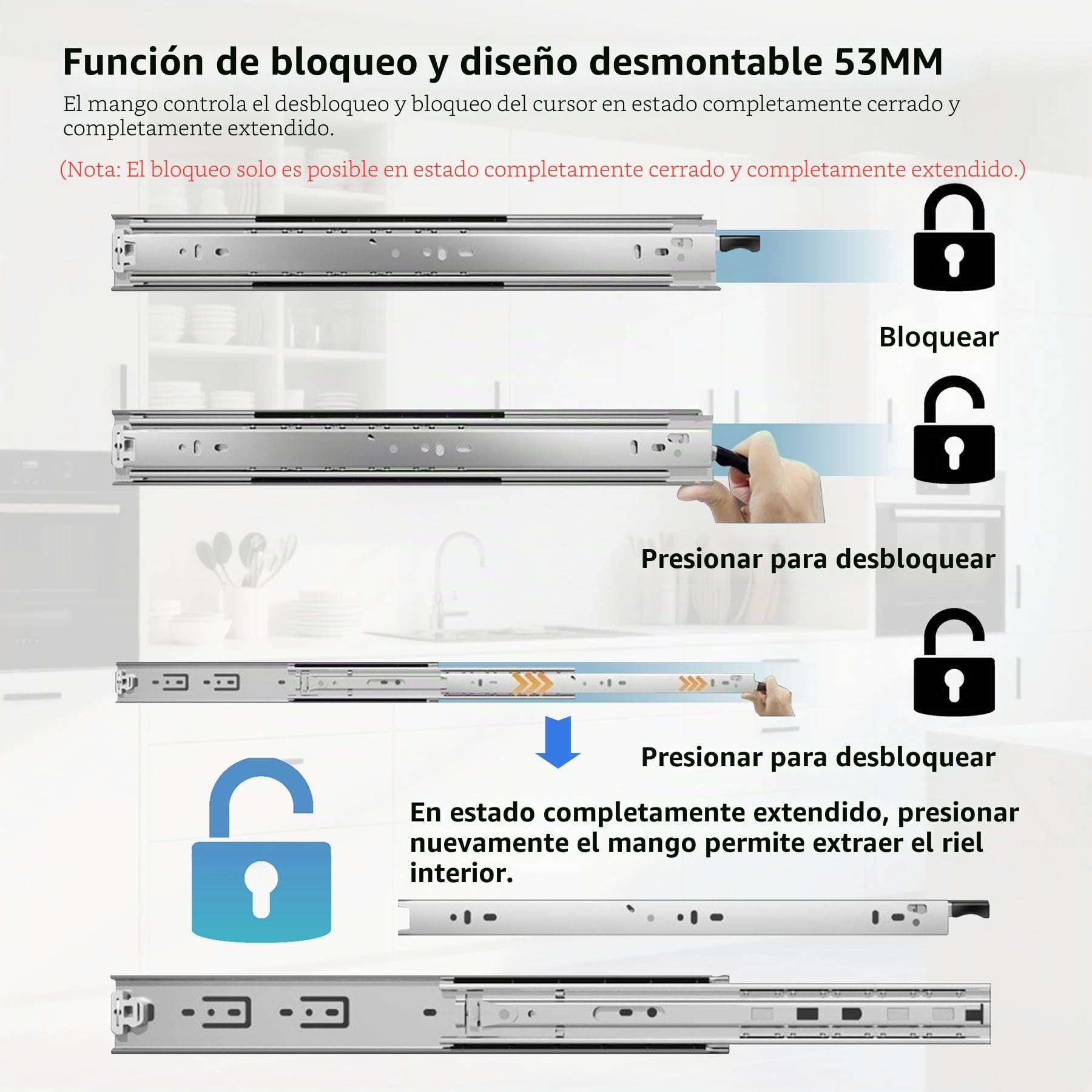 Guías Correderas para cajones con bloqueo integrada 800mm, Correderas Rodamiento de Bolas 99 KG Capacidad Rieles Guías Laterales para muebles,armarios,vehículos,Baño, 1 par