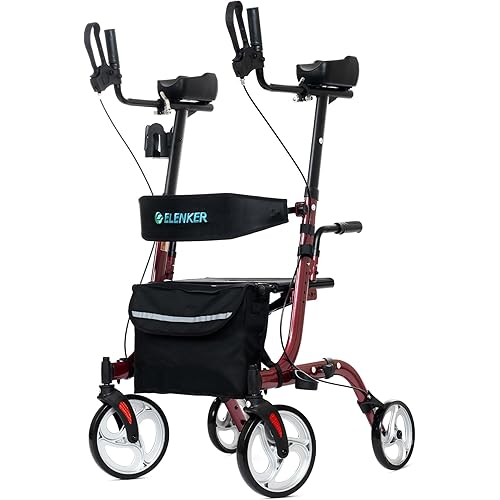 ELENKER Upright Rollator Walker, Stand Up Folding Rollator Walker Back Erect Rolling Mobility Walking Aid with Seat, Padded Armrests for Seniors and Adults, Red