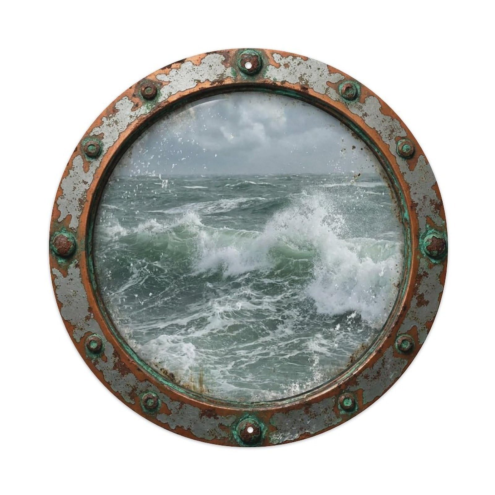 Vintage Porthole Breaking Waves Nautical Window View Vintage Metal Tin Sign Plaque Wall Decor for Cafe, Club Bar, Office, Garden Metal Poster 8x8Inch