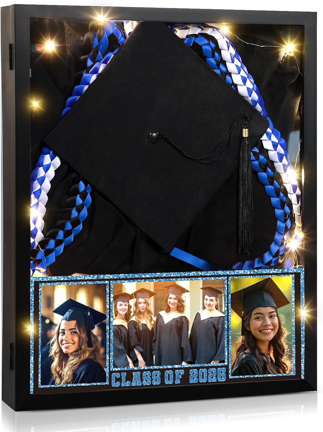 Graduation Shadow Box 17 x 21 Large Graduation Picture Frame Class of 2026 Shadow Box with Window Card String Light Picture Display Case with Layered Design for Memory Keepsake Cap Gown