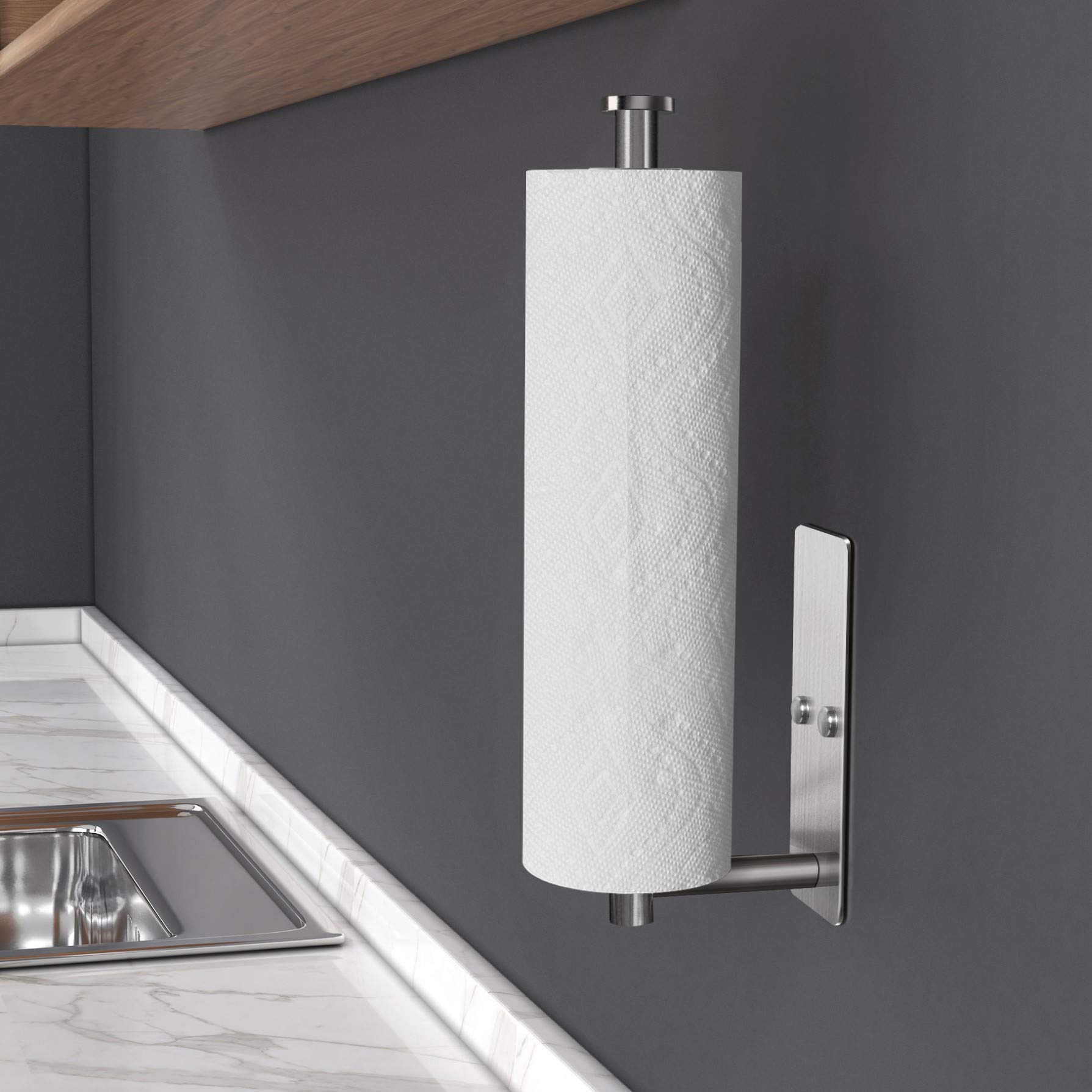 Soporte autoadhesivo para toallas de papel debajo del gabinete, soporte de rollo de papel montado en la pared para cocina, baño, gabinete, pared, acero inoxidable SUS304 5