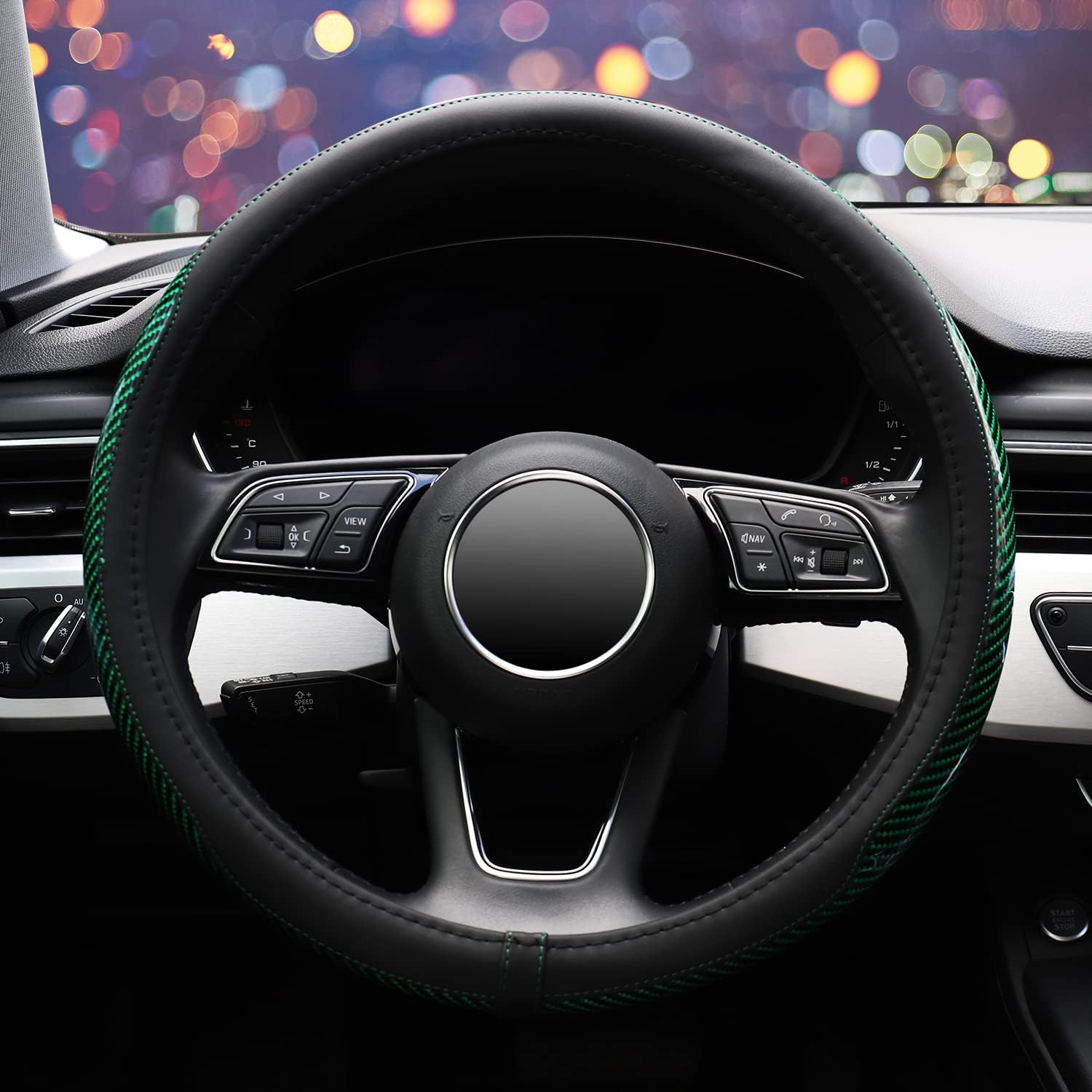 ZHOL Carbon Fiber Steering Wheel Cover, Universal 15 Inch Microfiber Leather Auot Car Steering Wheel Cover for Women Men, Anti-Slip, Black&Green - Image 2