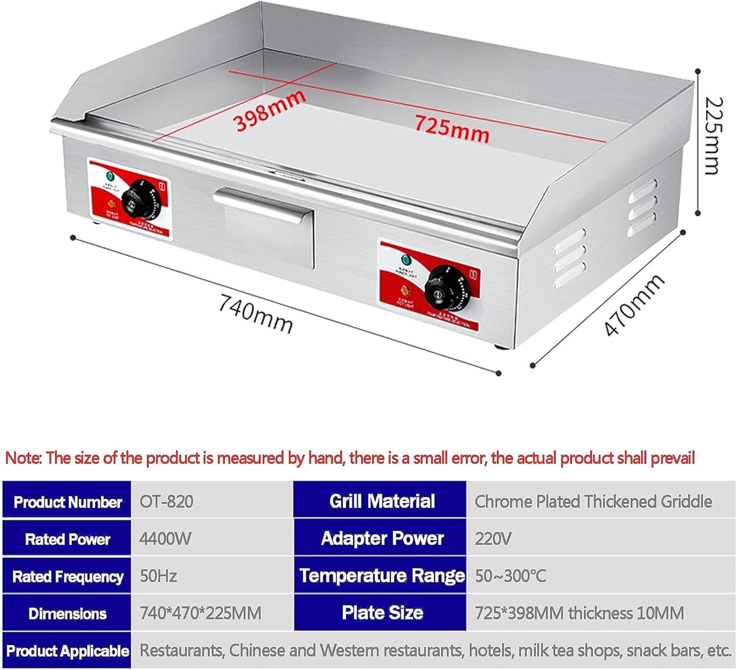 Electric Griddles, Large Commercial Stainless Steel Baking Plate with Thermostatic Control, 10mm Cooking Surface Thick, BBQ Grill Barbecue Egg Fryer, Flat Top Griddles for Kitchen Restaurant