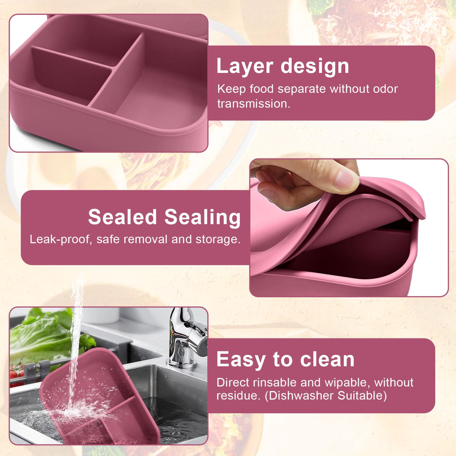Lunch Box In Silicone Per Adulti 800 Ml - Contenitore Pranzo Bento A Prova Di Perdite, 3 Scomparti, Senza BPA, Microonde E Lavastoviglie (Rosa) - 2