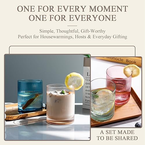 Miniatura 5 de Physkoa Juego de 6 vasos acanalados  13 onzas de vidrio colorido inspirado en la vendimia  Pesado, duradero, perfecto para agua, cócteles, café y